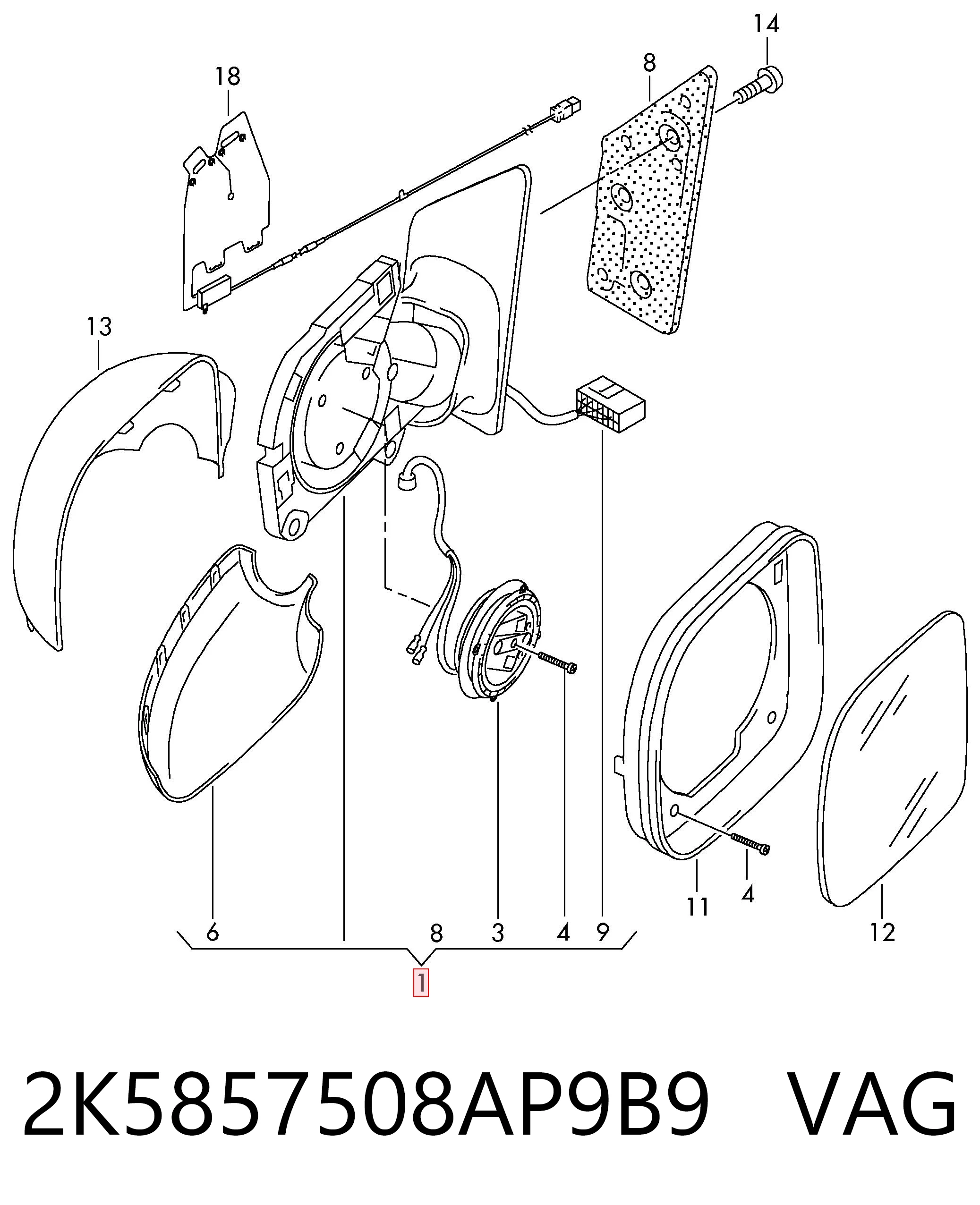Праве бічне дзеркало VAG 2K5857508AP9B9 ціна, від 62.29 USD