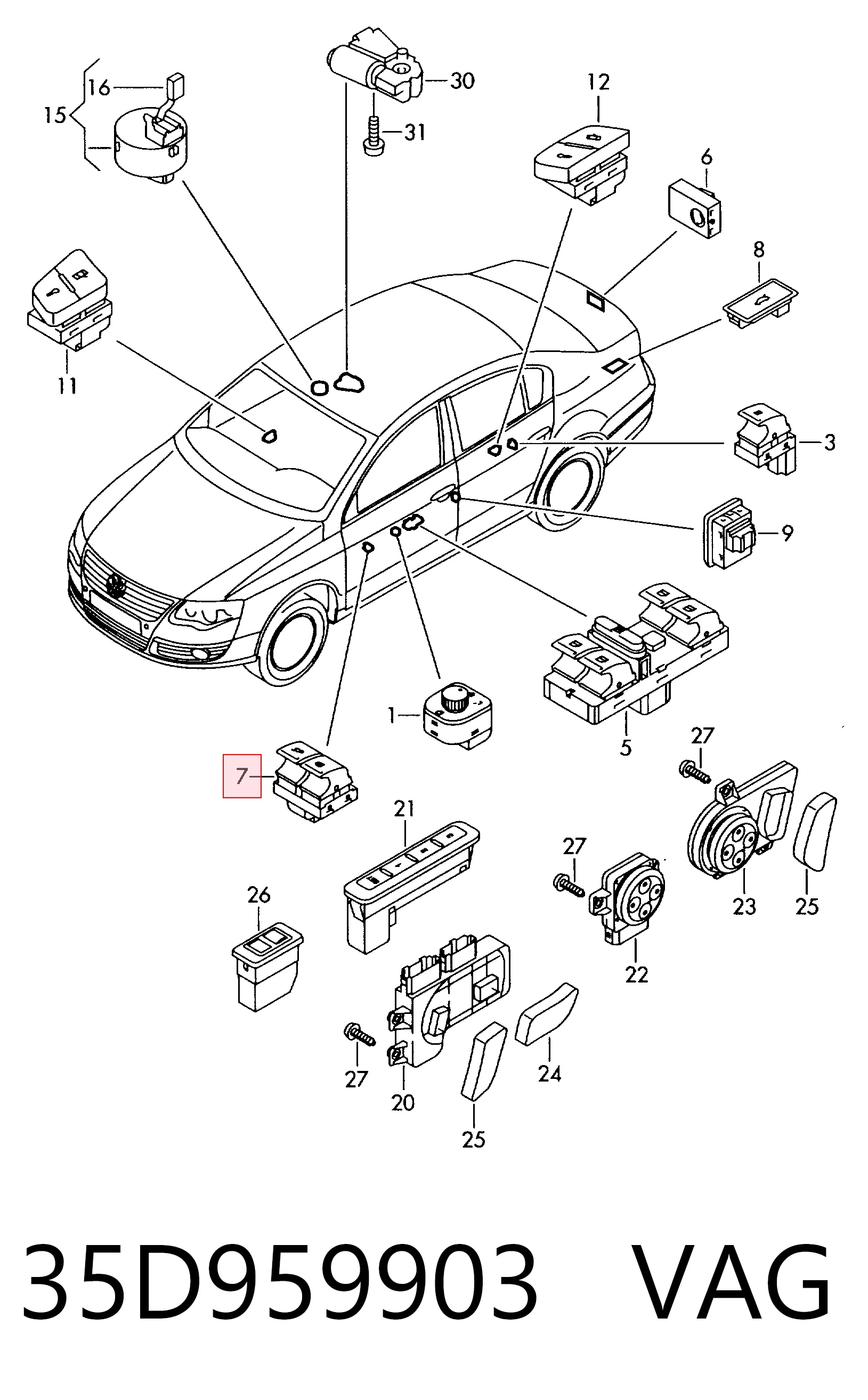 35D959903 VAG Кнопка приводу замка задньої 3/5 двері (ляди)