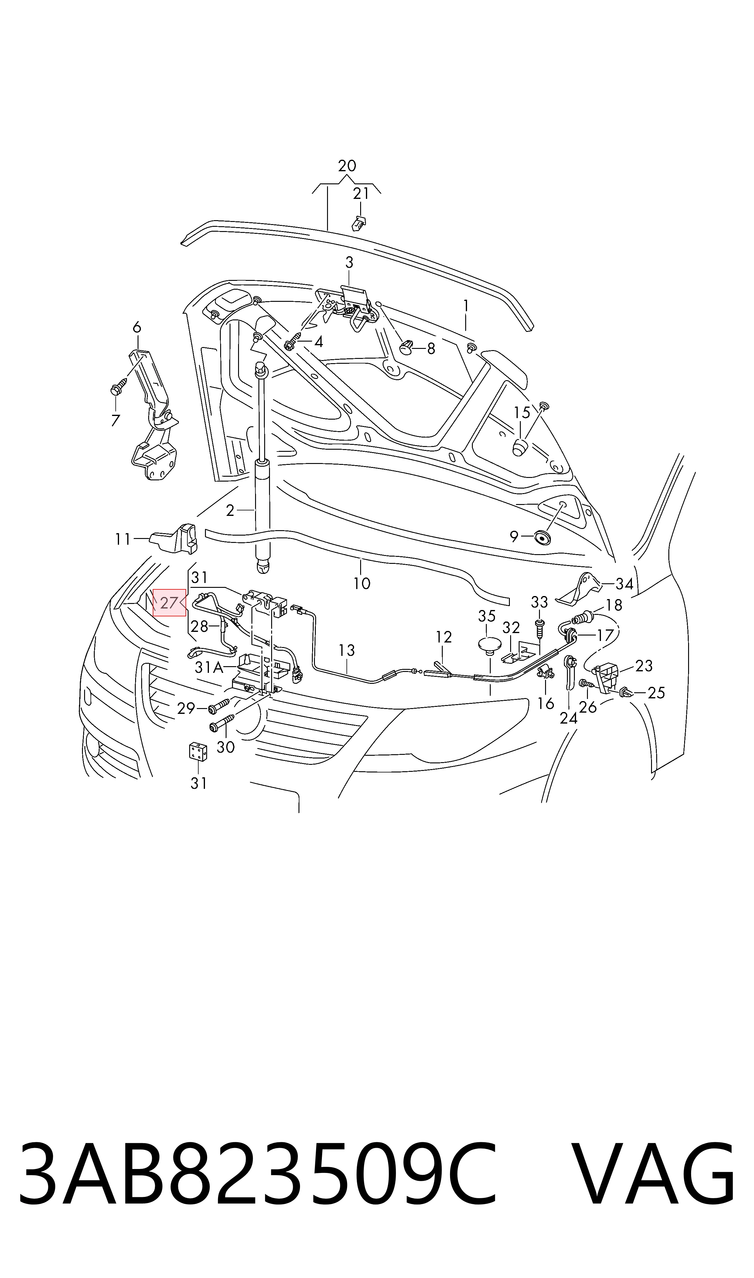 3AB823509C VAG Запор капота (замок і привід замка капота)