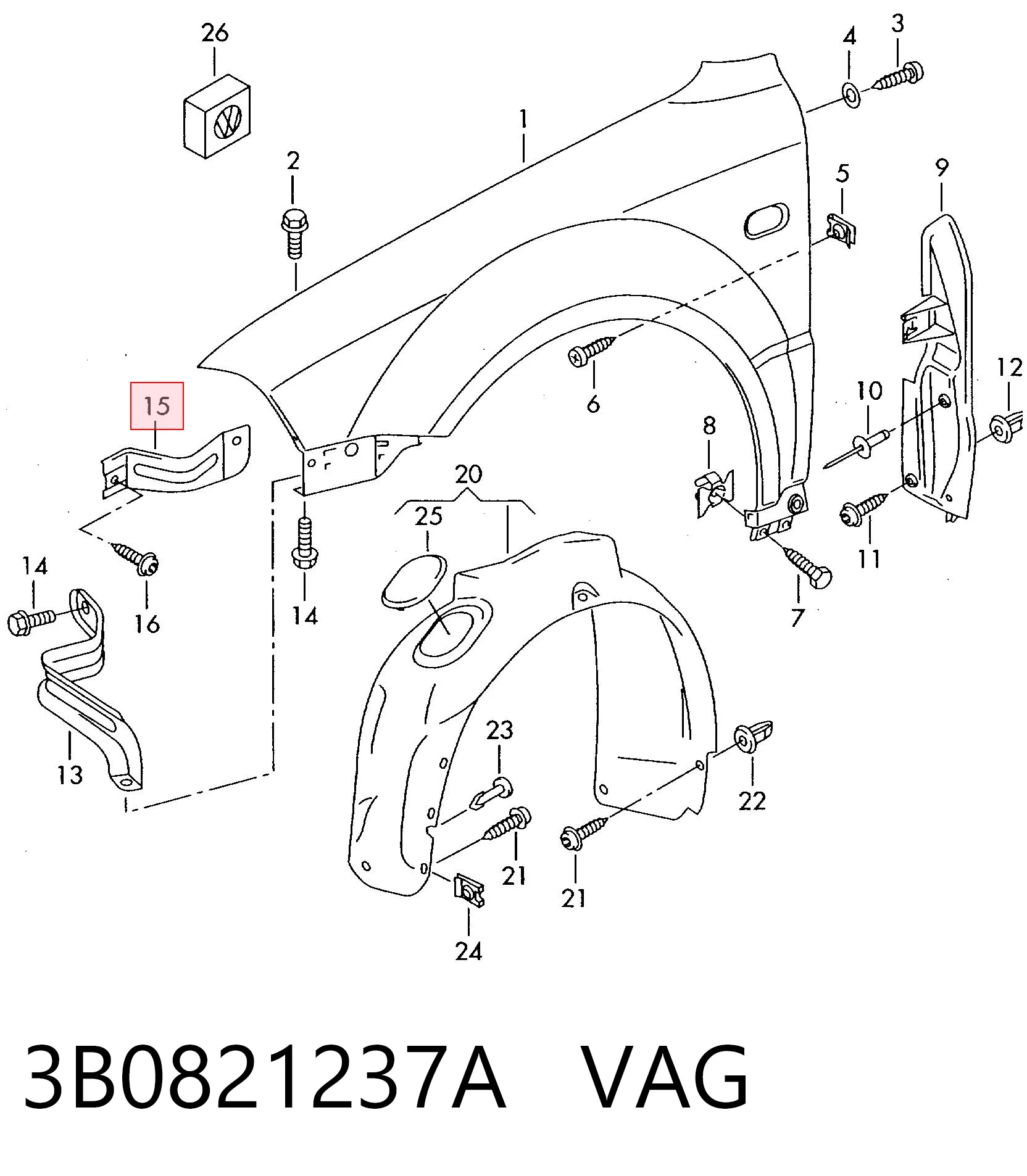 3B0821237A VAG Кронштейн кріплення крила переднього лівого, передній