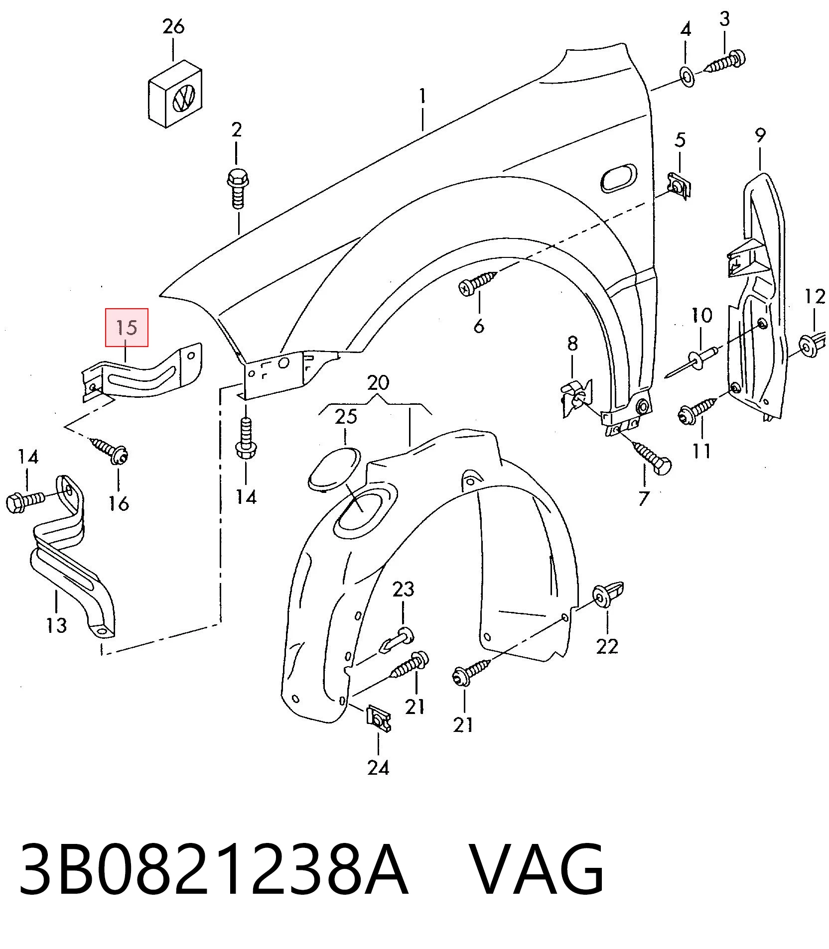 3B0821238A VAG Кронштейн кріплення крила переднього правого, передній
