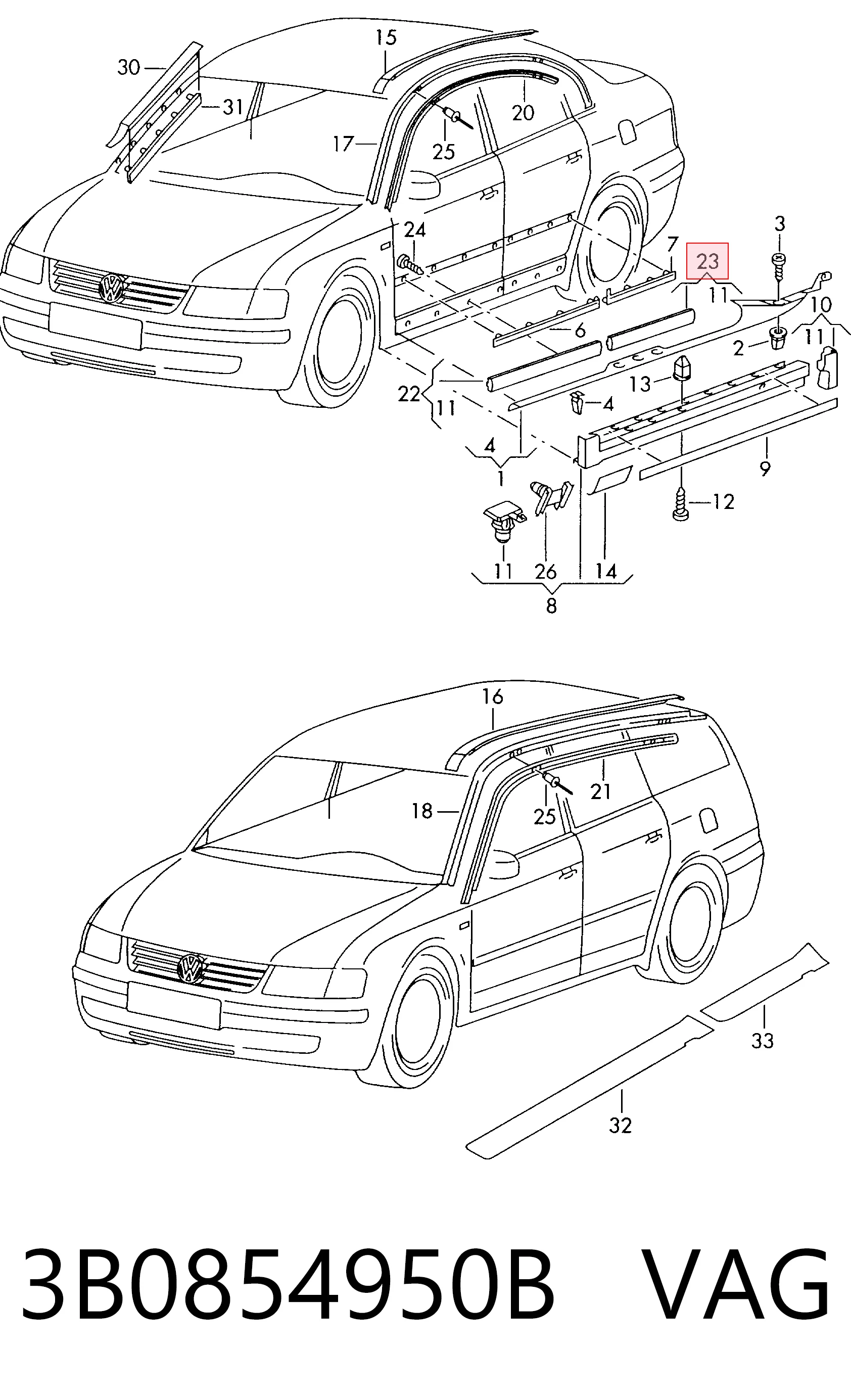 3B0854950B VAG Накладка задньої правої двері, нижня