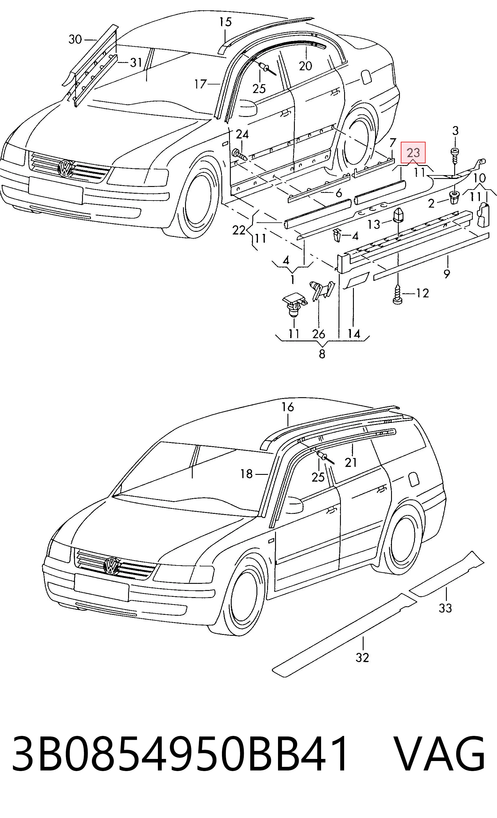 3B0854950BB41 VAG Накладка задньої правої двері, нижня