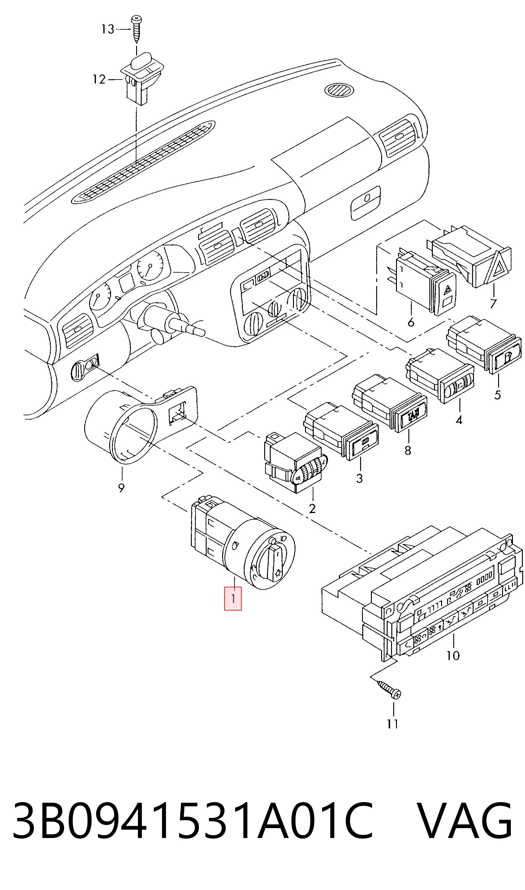 3B0941531A01C VAG Перемикачі електричні (перемикач світла центральний)
