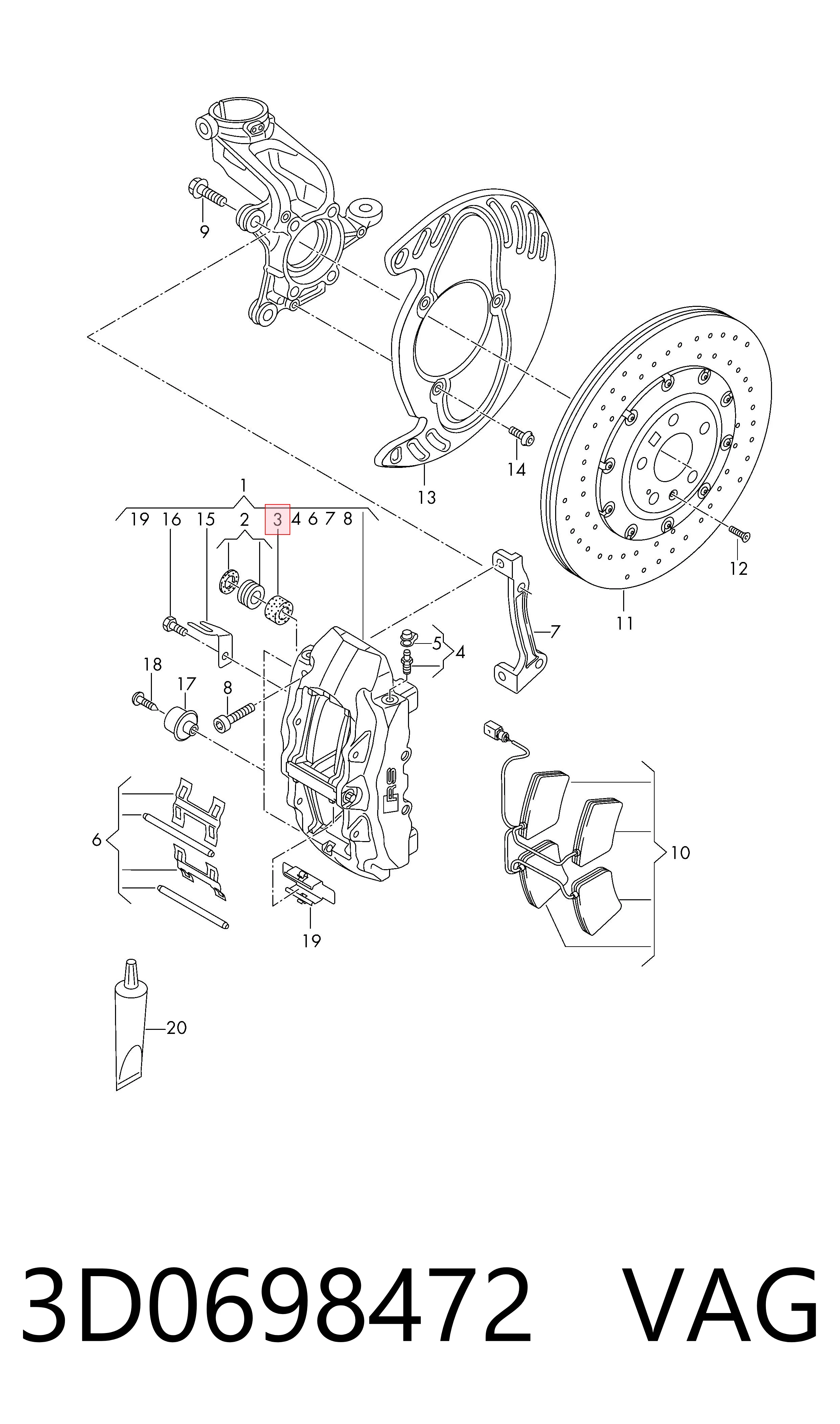 Ремкомплект супорту гальмівного переднього VAG 3D0698472 ціна, від 25.87 USD