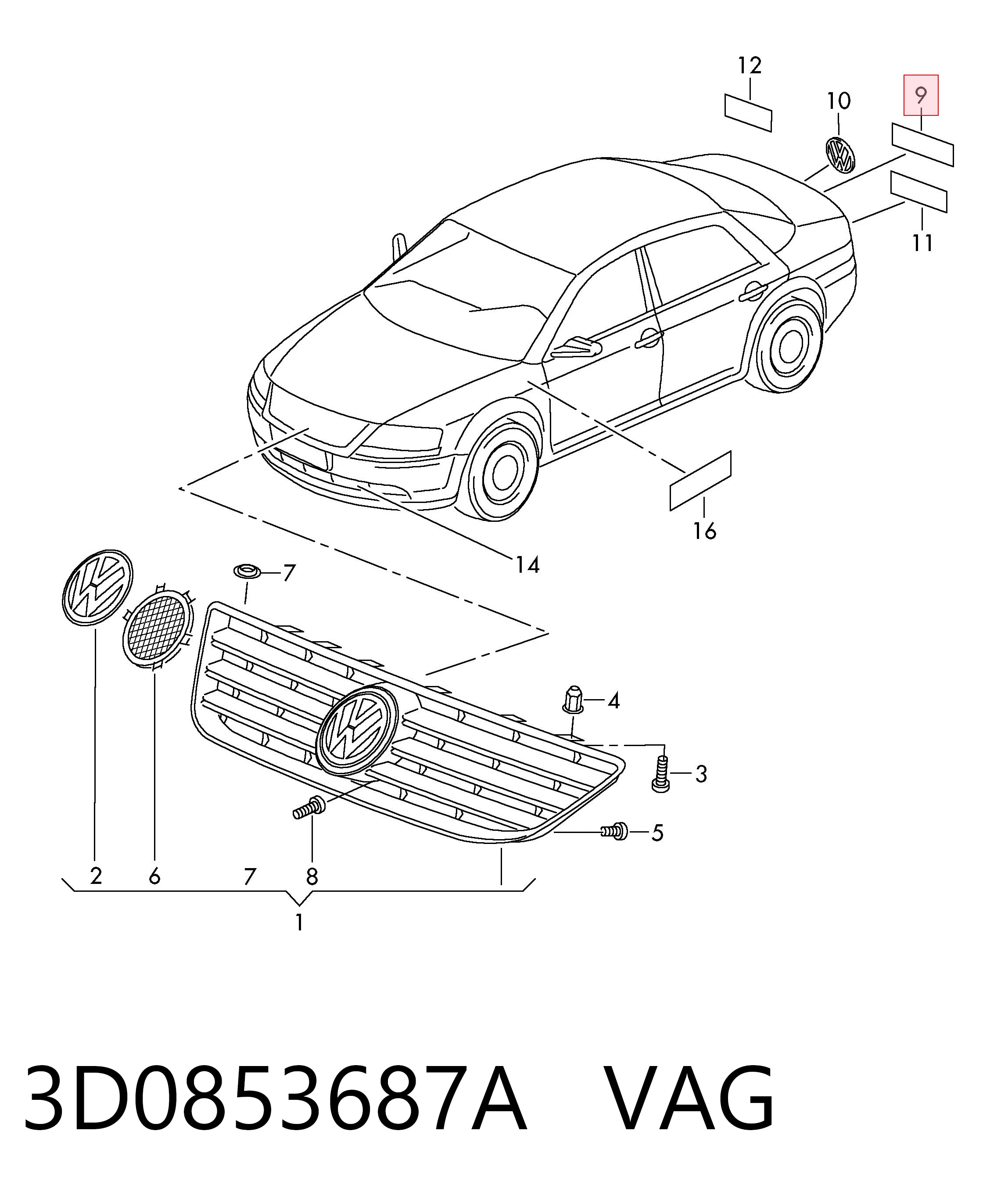 3D0853687A VAG Емблема кришки багажника, фірмовий значок