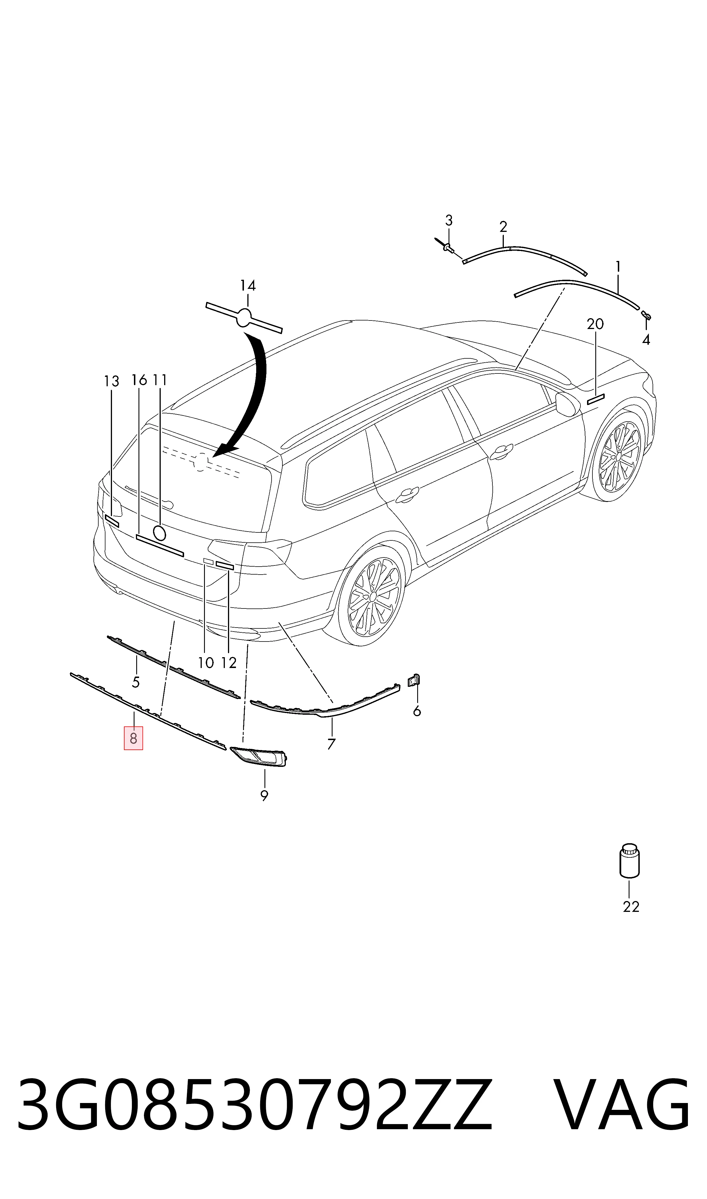3G08530792ZZ VAG Молдинг заднього бампера, центральний