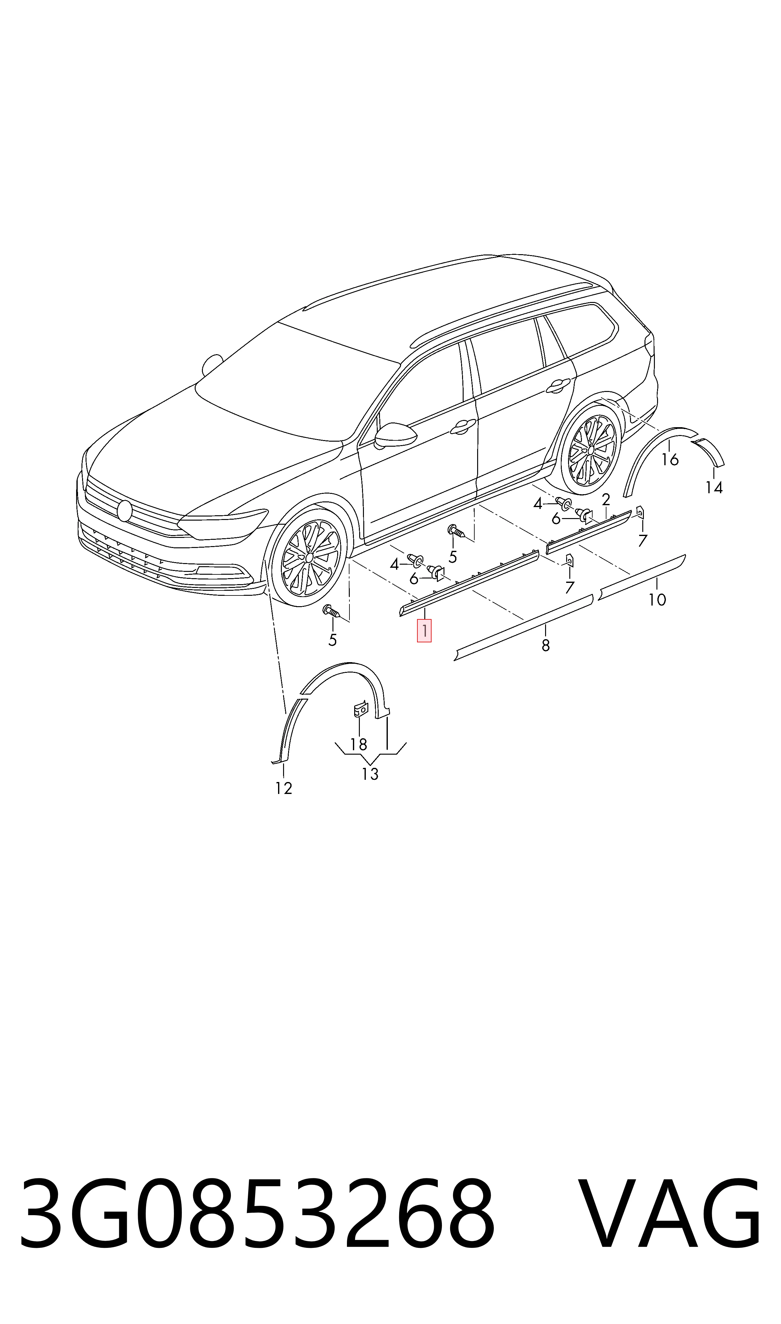 3G0853268 VAG Молдинг передніх правих дверей, нижній