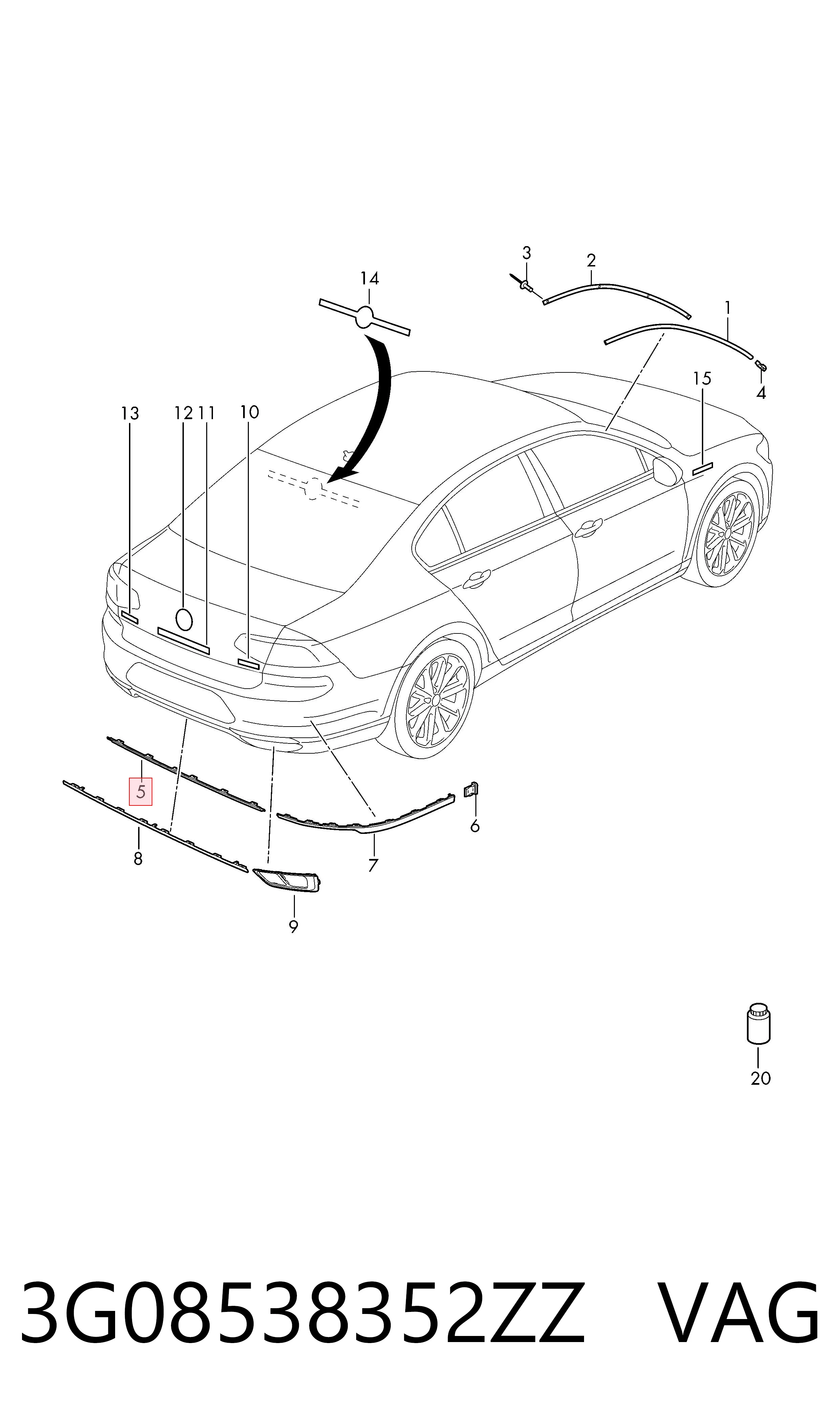 3G08538352ZZ VAG Молдинг заднього бампера, центральний