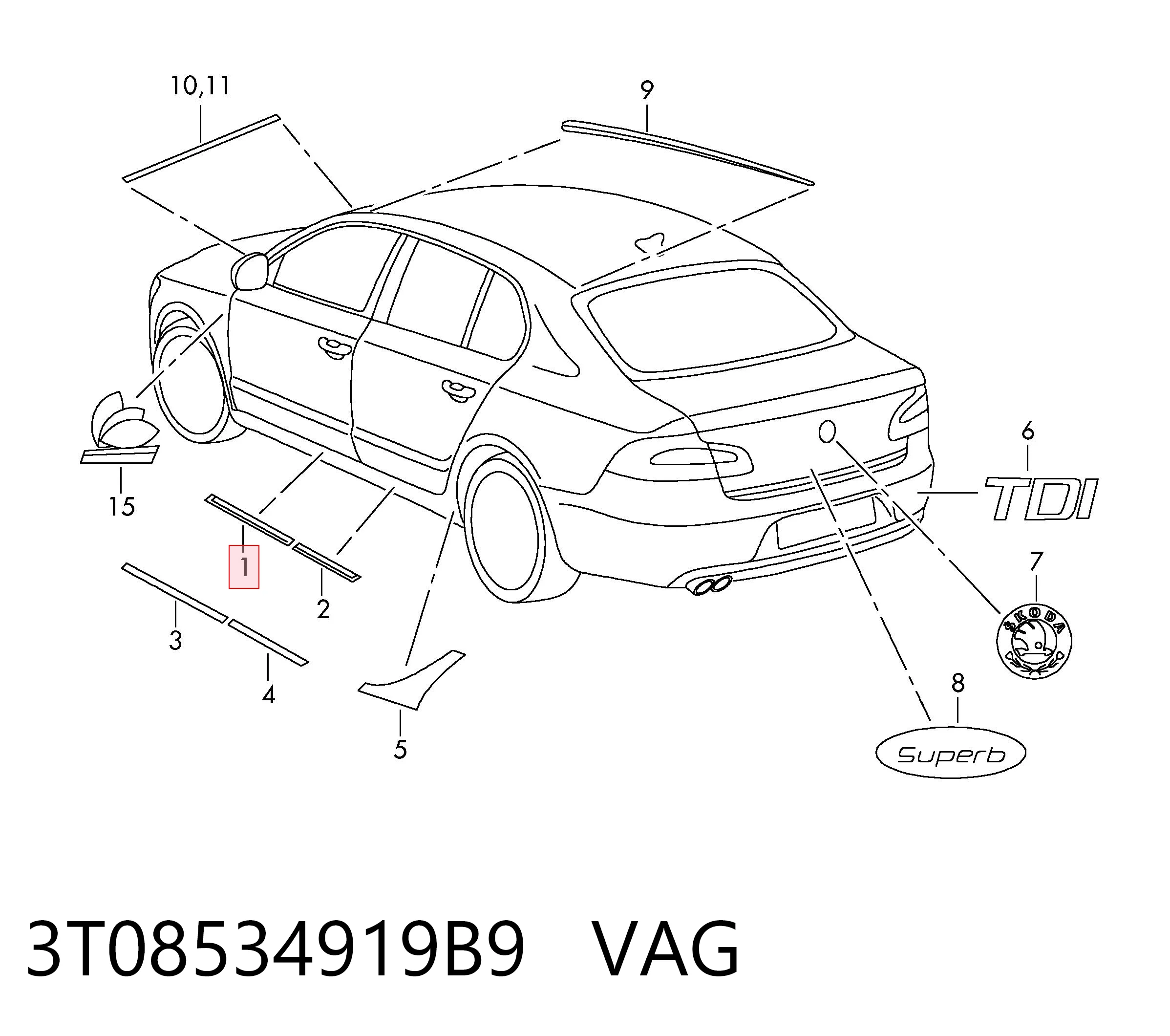 Накладка зовнішня (молдинг) порога, передня ліва VAG 3T08534919B9 ціна, від 6.33 USD