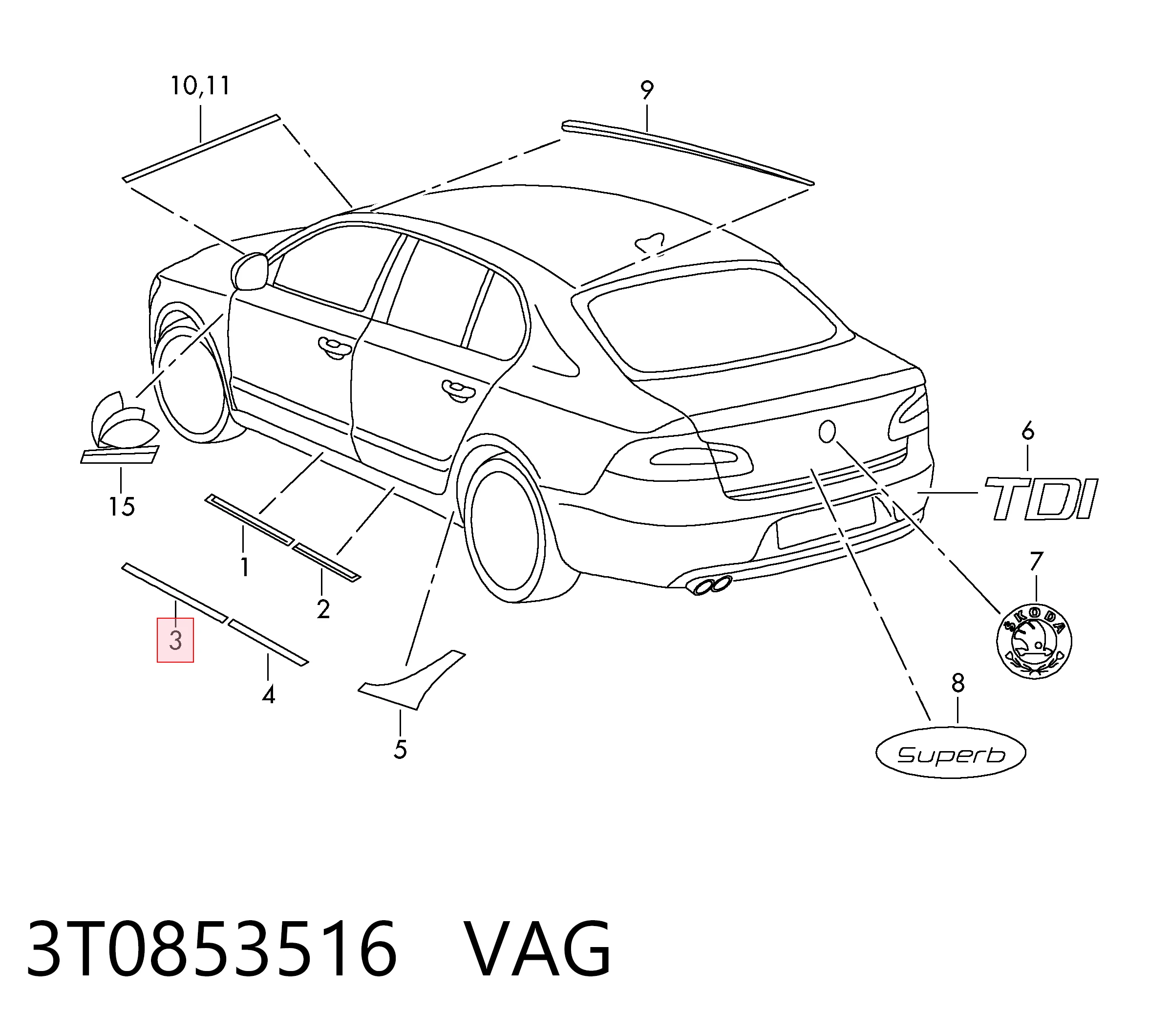 3T0853516 VAG Молдинг передніх правих дверей