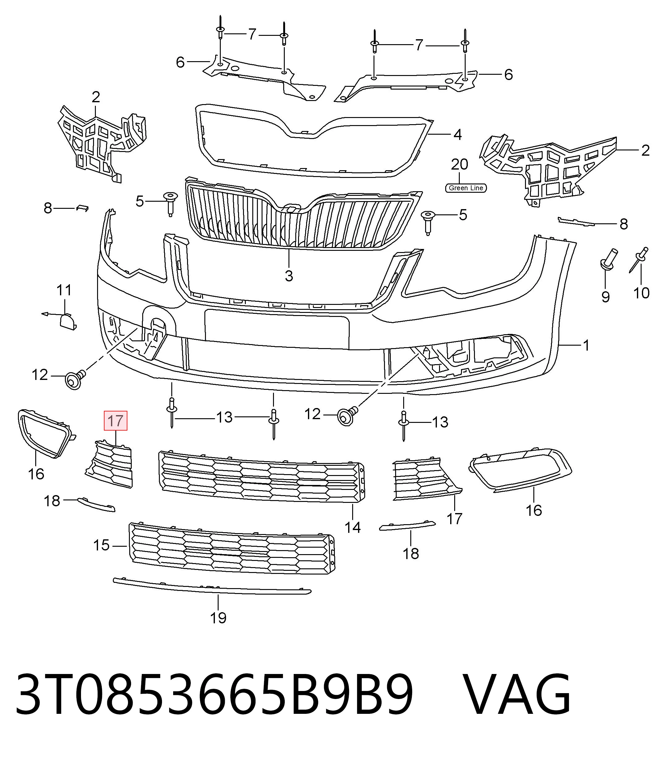 3T0853665B9B9 VAG Решітка переднього бампера, ліва