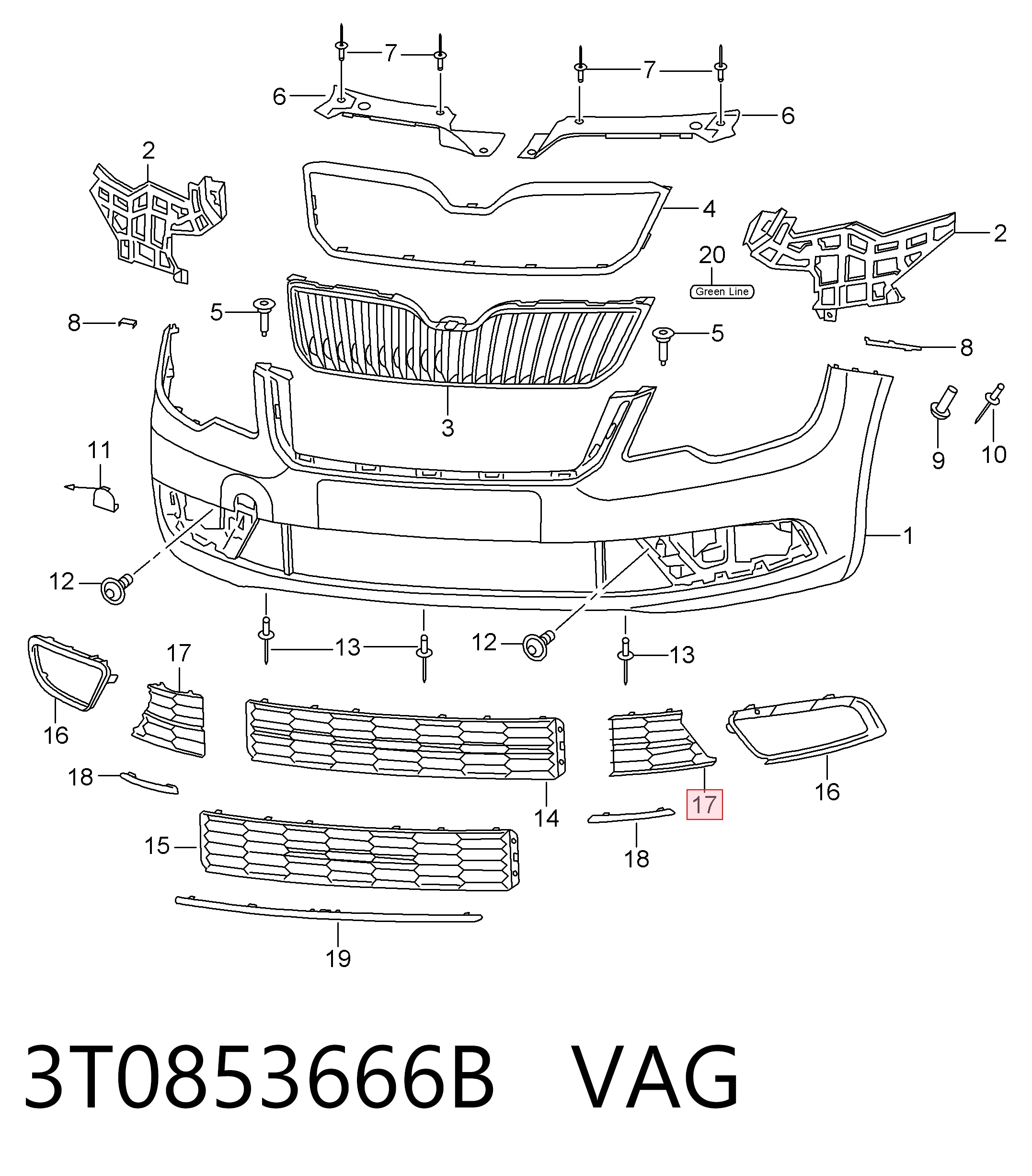 3T0853666B VAG Решітка переднього бампера, права