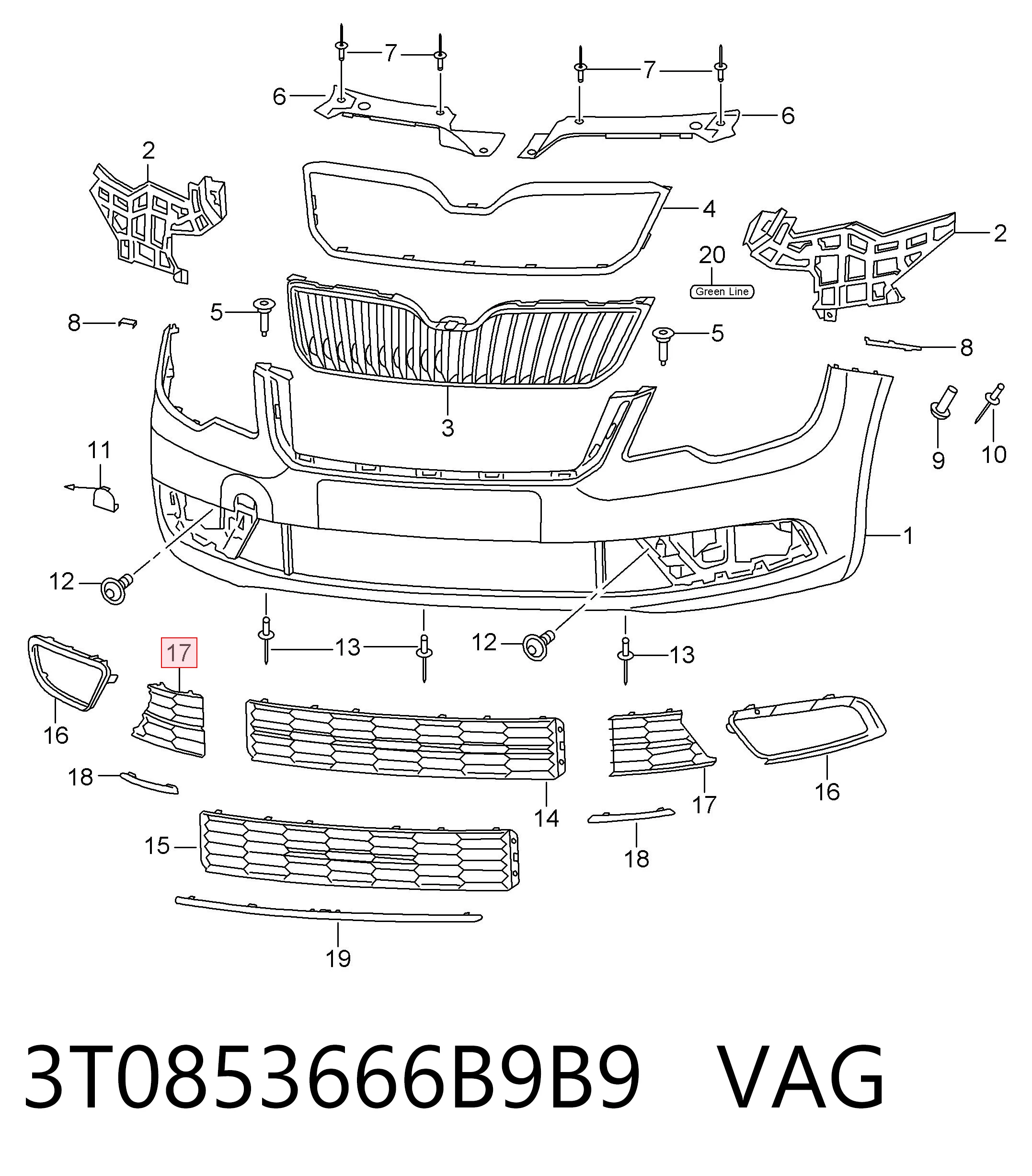 3T0853666B9B9 VAG Решітка переднього бампера, права