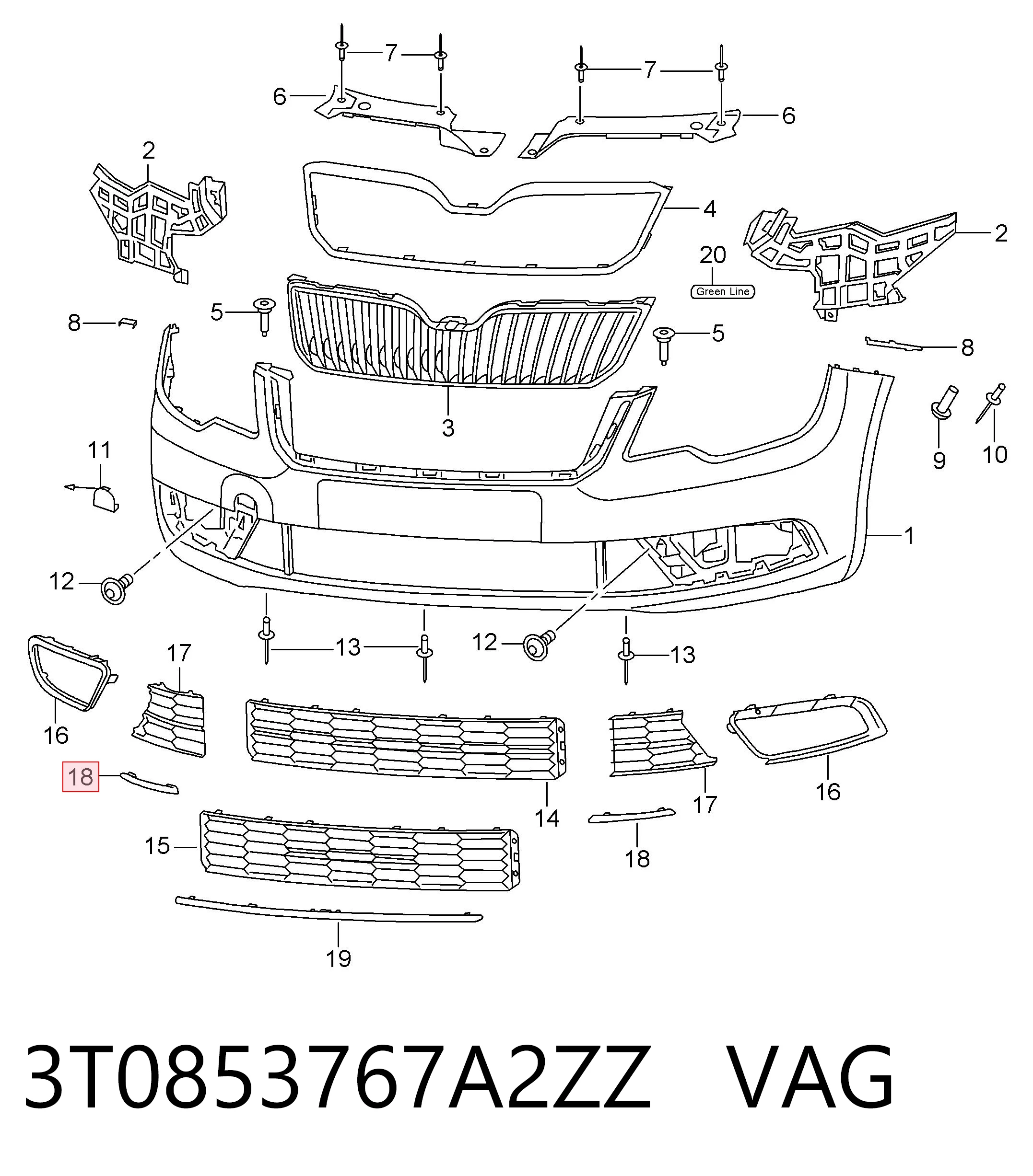 3T0853767A2ZZ VAG Молдинг решітки переднього бампера, лівий