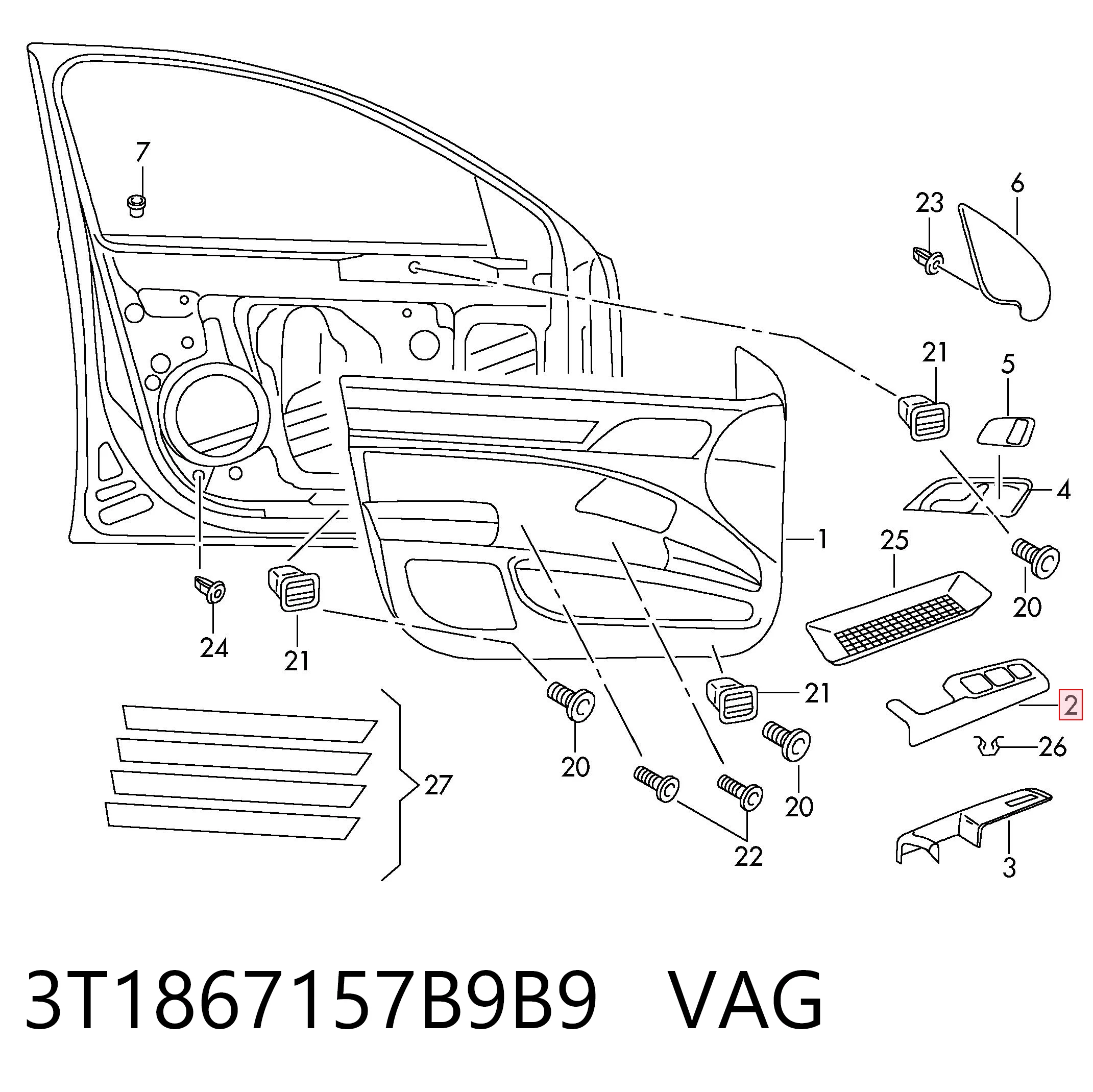3T1867157B9B9 VAG Ручка передніх дверей внутрішня, ліва