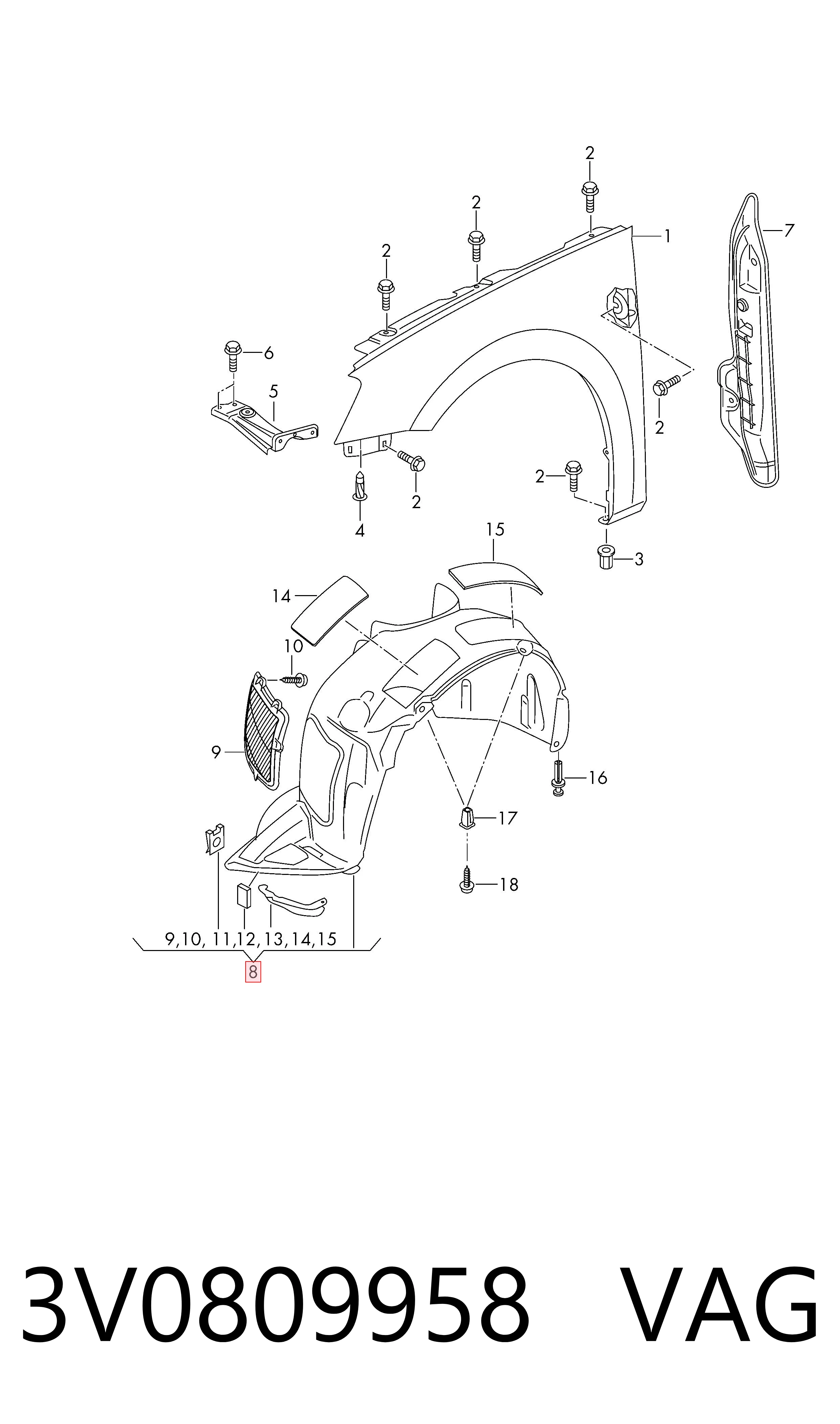 3V0809958 VAG Підкрилок переднього крила, правий