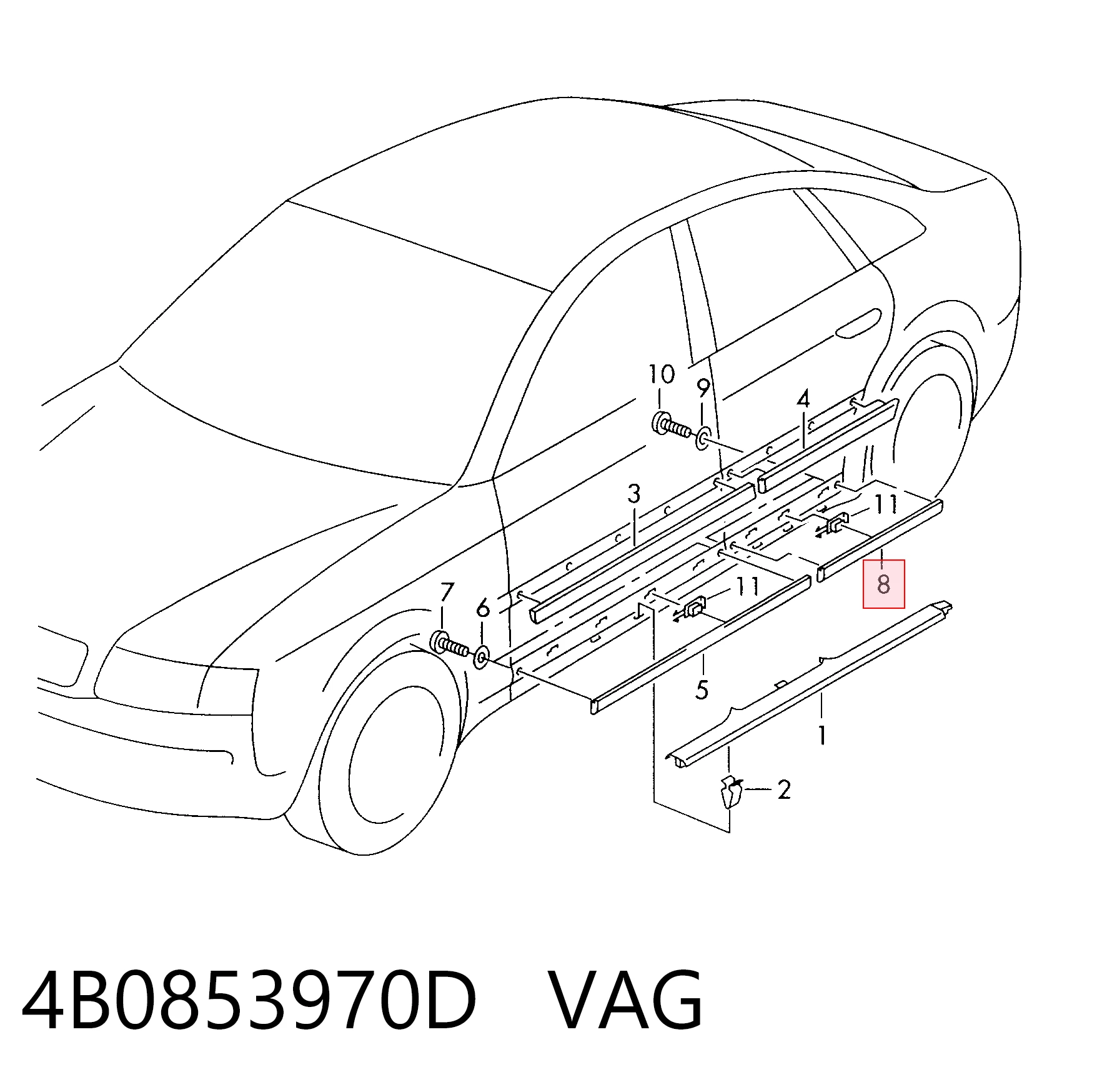 4B0853970D VAG Накладка задніх правих дверей, нижня