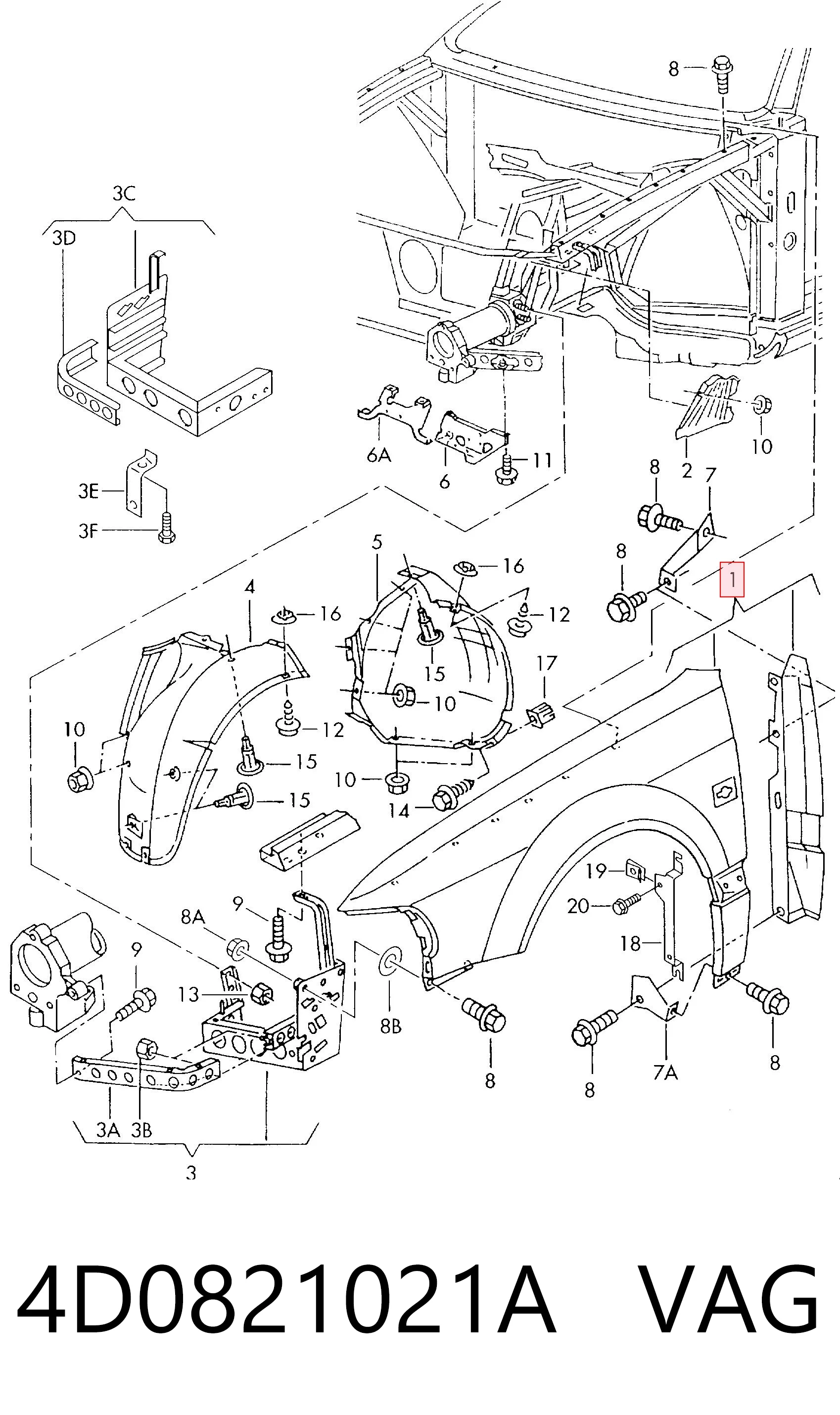 Переднє ліве крило на Audi A8 D2 4D2, 4D8