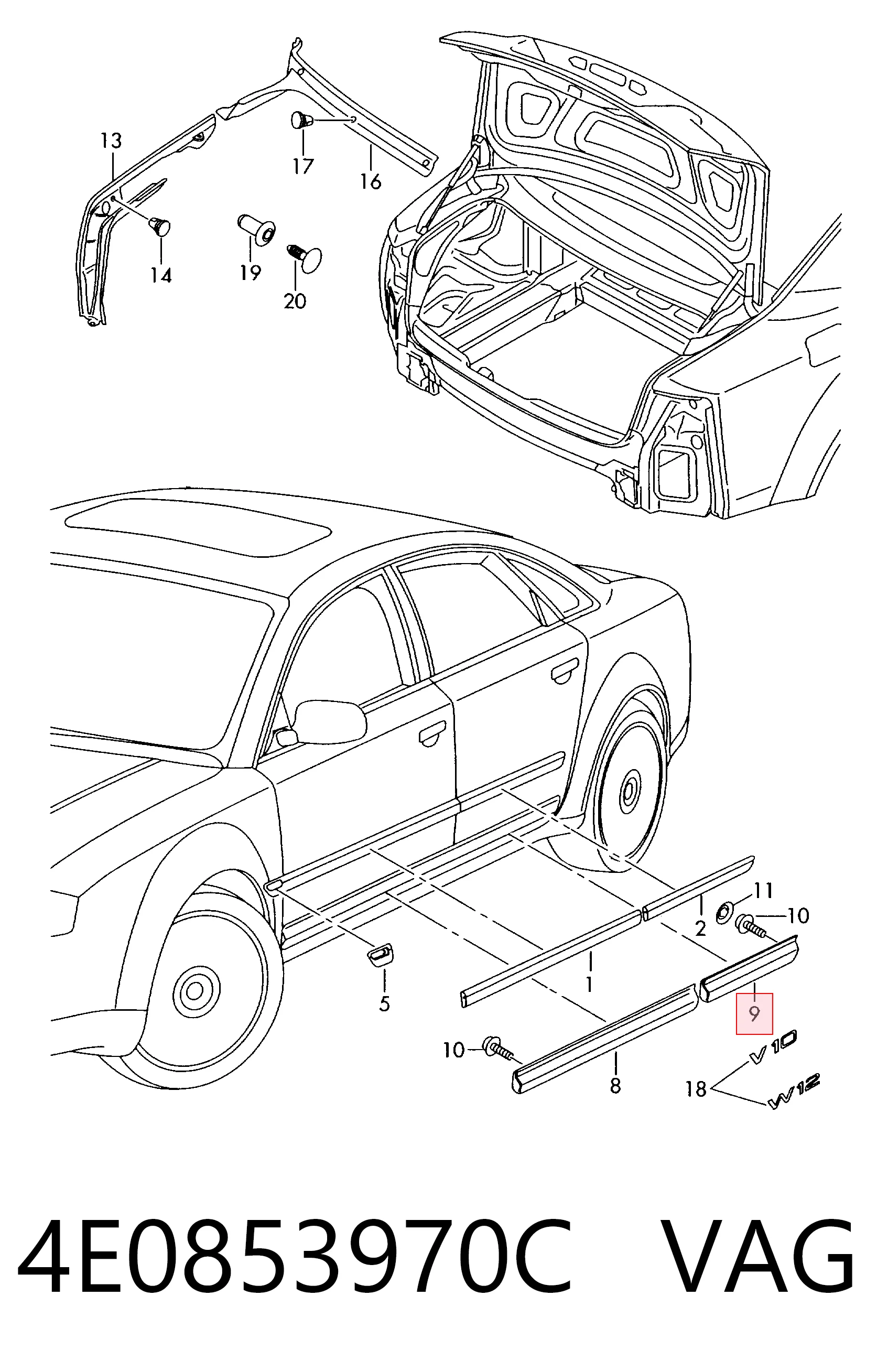 4E0853970C VAG Молдинг задніх правих дверей, нижній