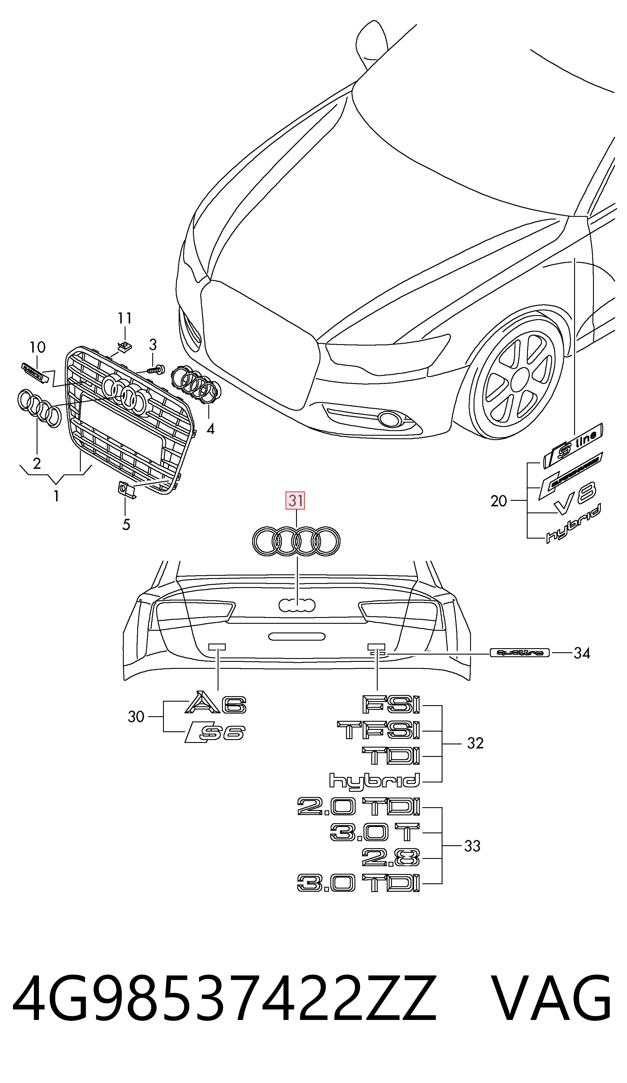 4G98537422ZZ VAG Емблема кришки багажника, фірмовий значок
