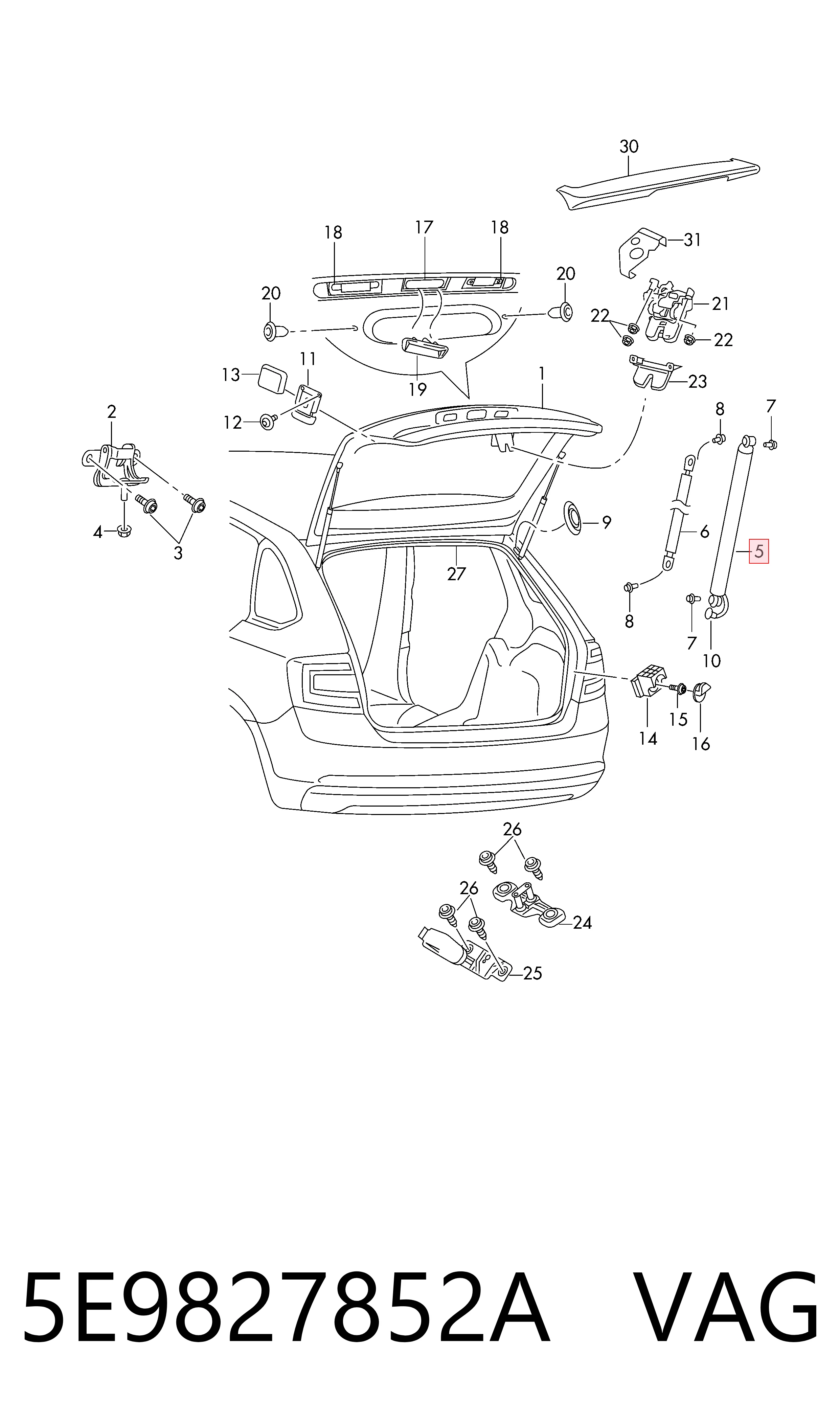 5E9827852A VAG Амортизатор кришки багажника / двері 3/5-ї задньої