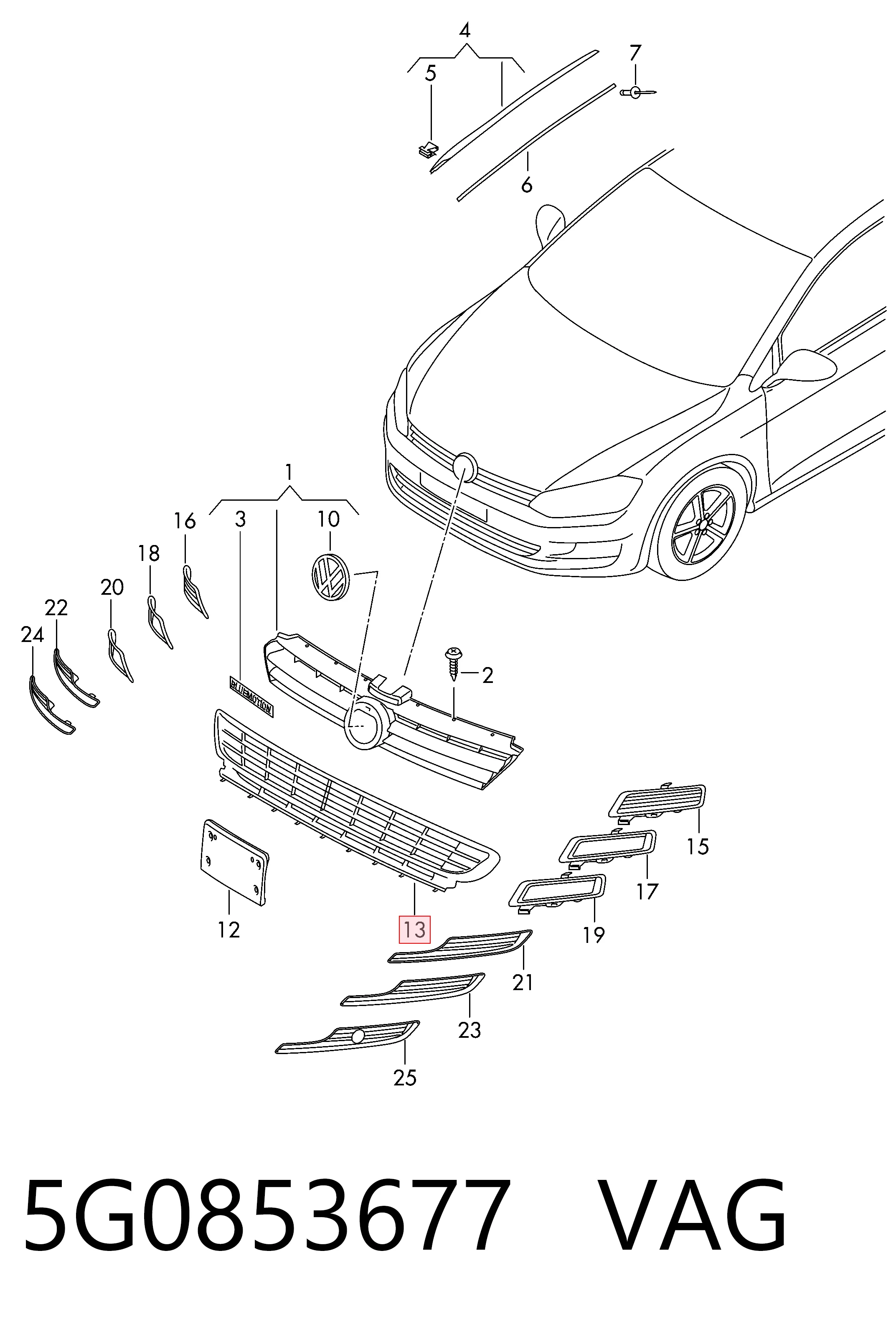 5G0853677 VAG Решітка переднього бампера, центральна