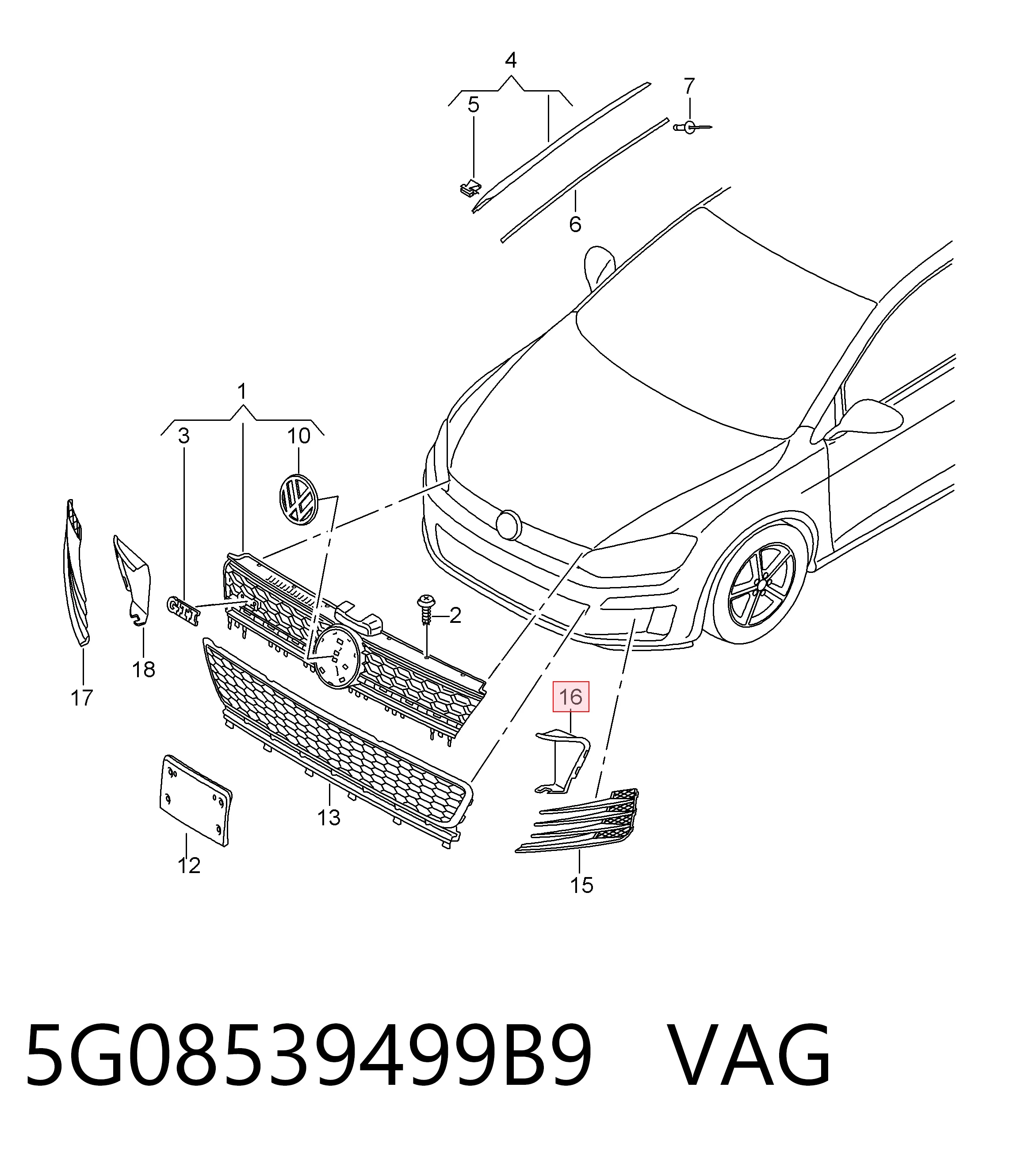 5G08539499B9 VAG Решітка переднього бампера, внутрішня ліва