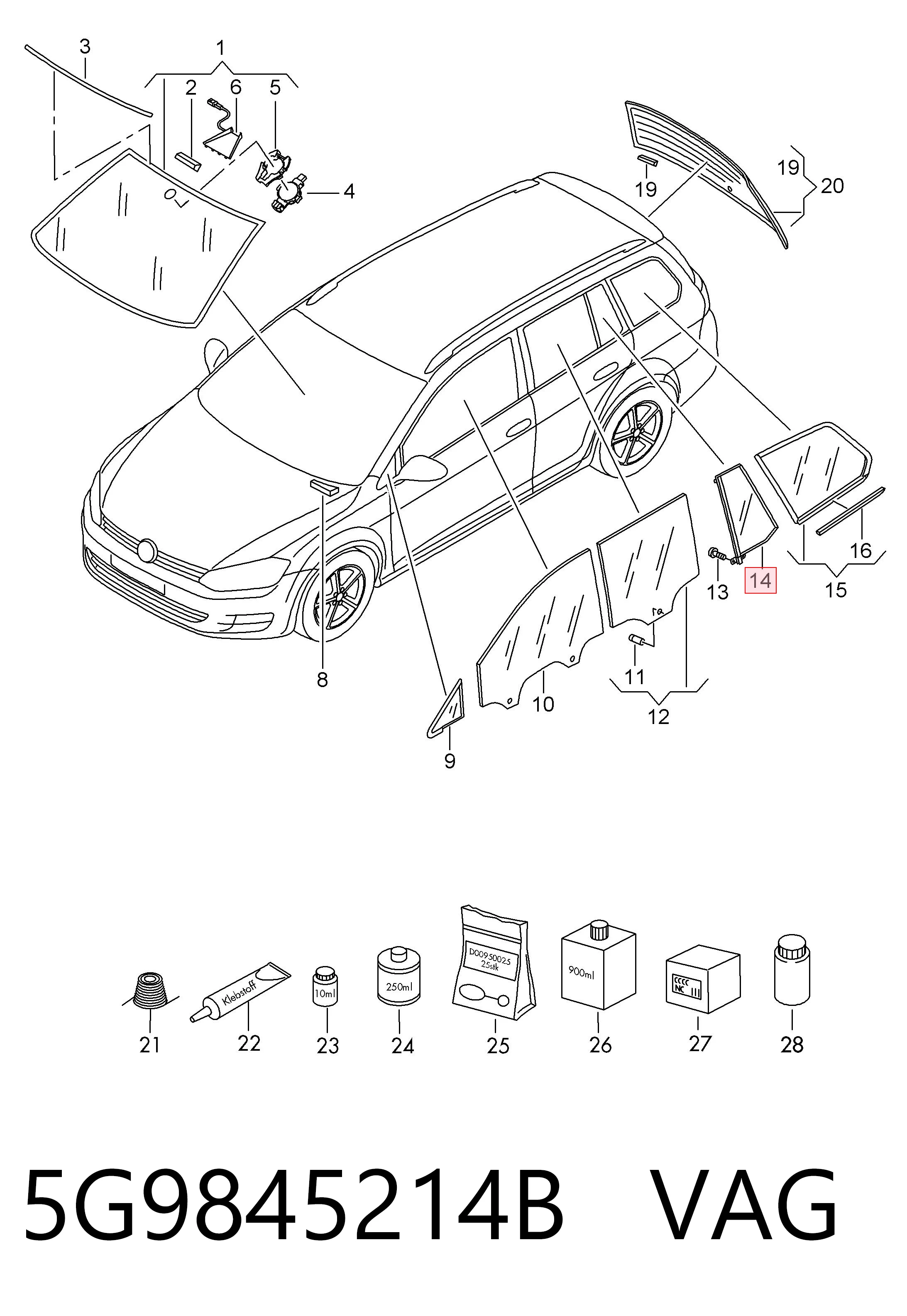 5G9845214B VAG Скло кутове дверей задніх