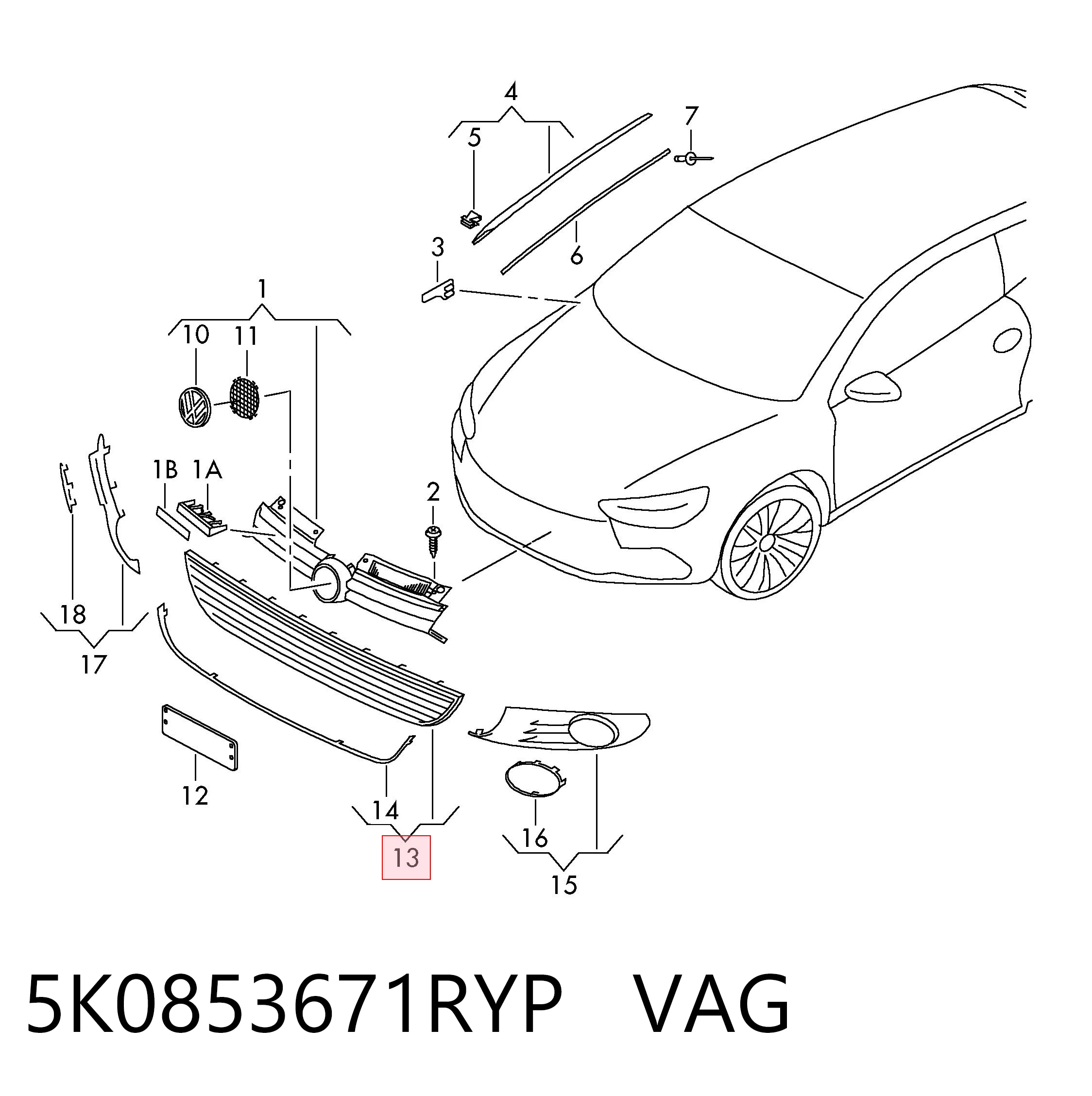 Решітка переднього бампера, центральна VAG 5K0853671RYP ціна, від 26.30 USD