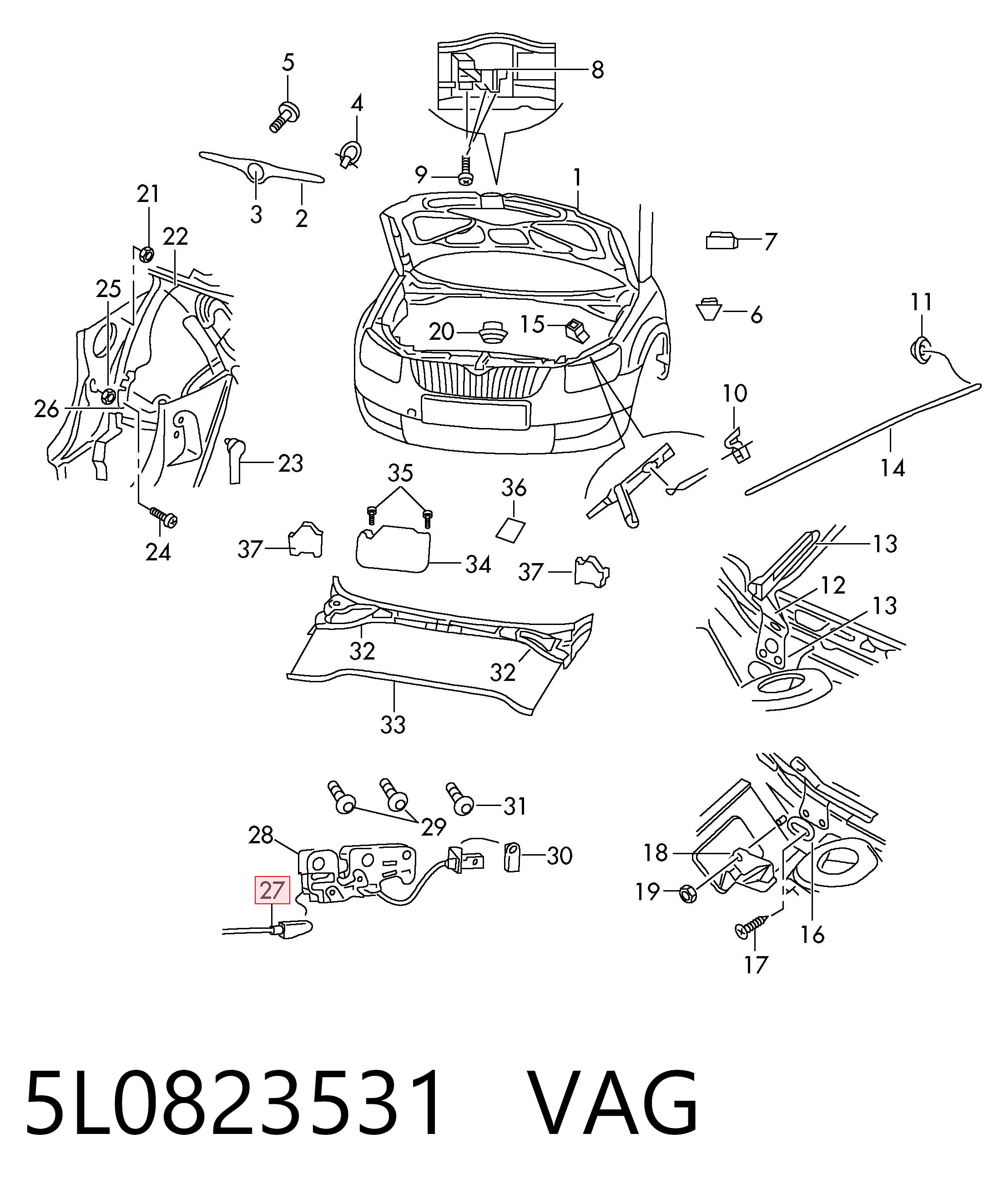 5L0823531 VAG Трос відкриття капота, передній