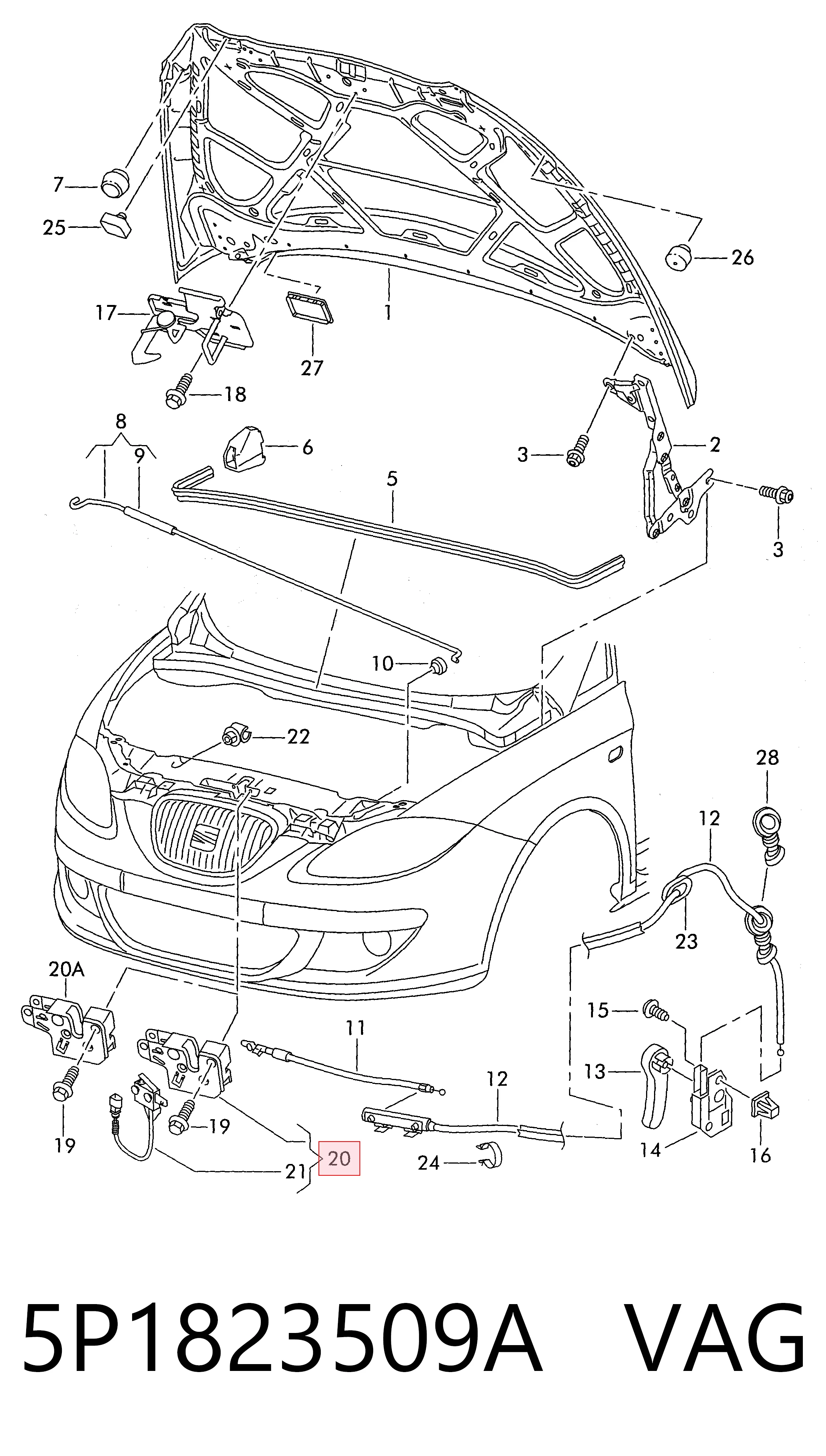Запор капота (замок і привід замка капота) на Seat Toledo III 5P2