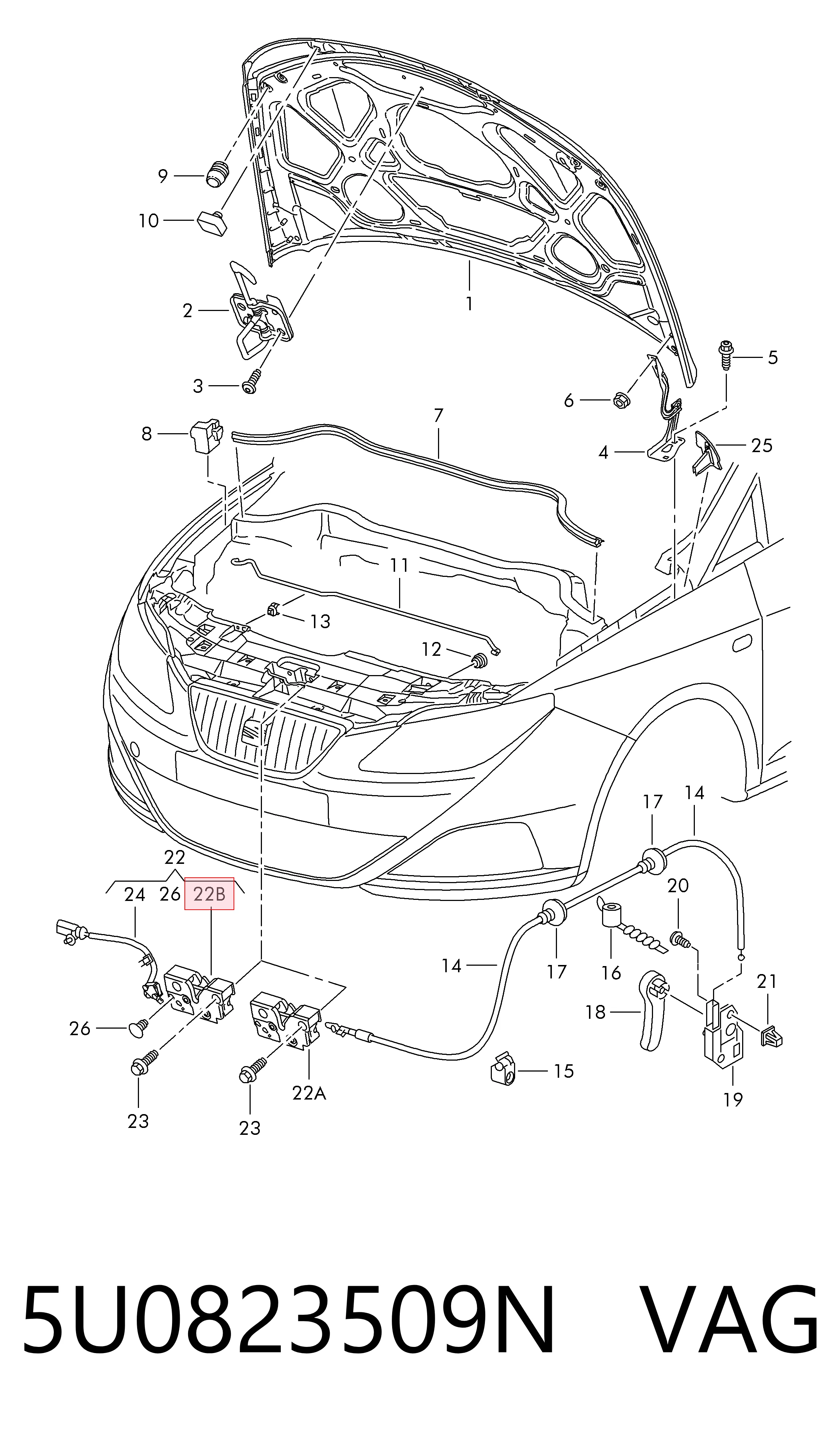 Запор капота (замок і привід замка капота) на Volkswagen Polo V 6R1, 6C1