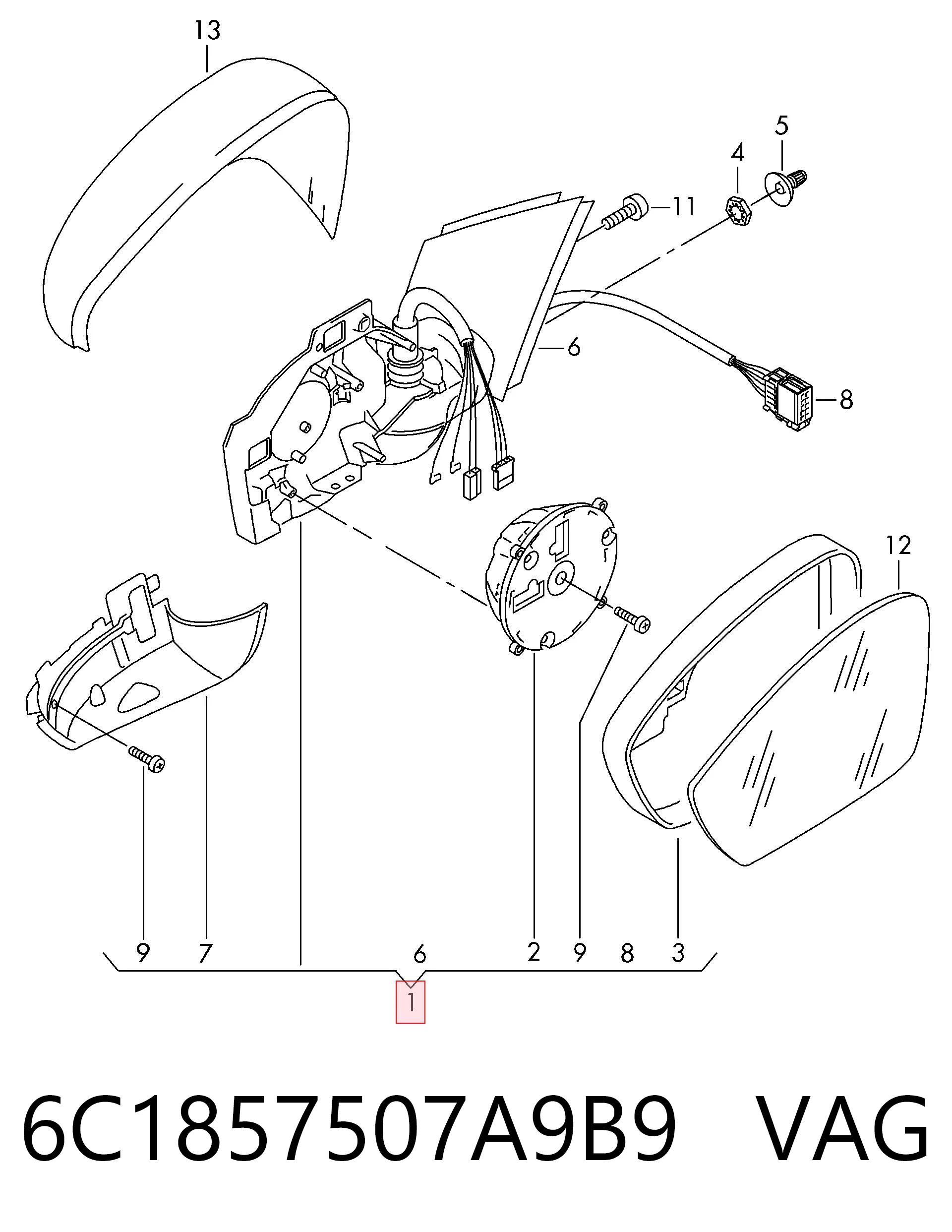 Ліве бічне дзеркало VAG 6C1857507A9B9 ціна, від 84.61 USD