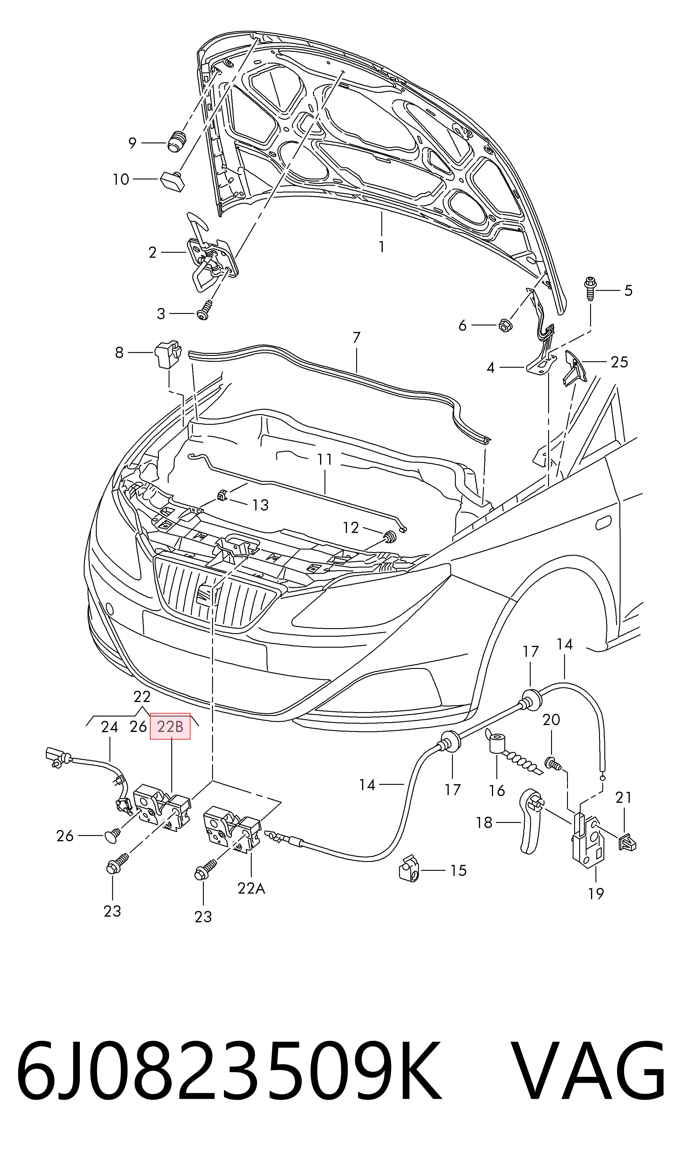 Запор капота (замок і привід замка капота) на Seat Ibiza IV 6J5, 6P1