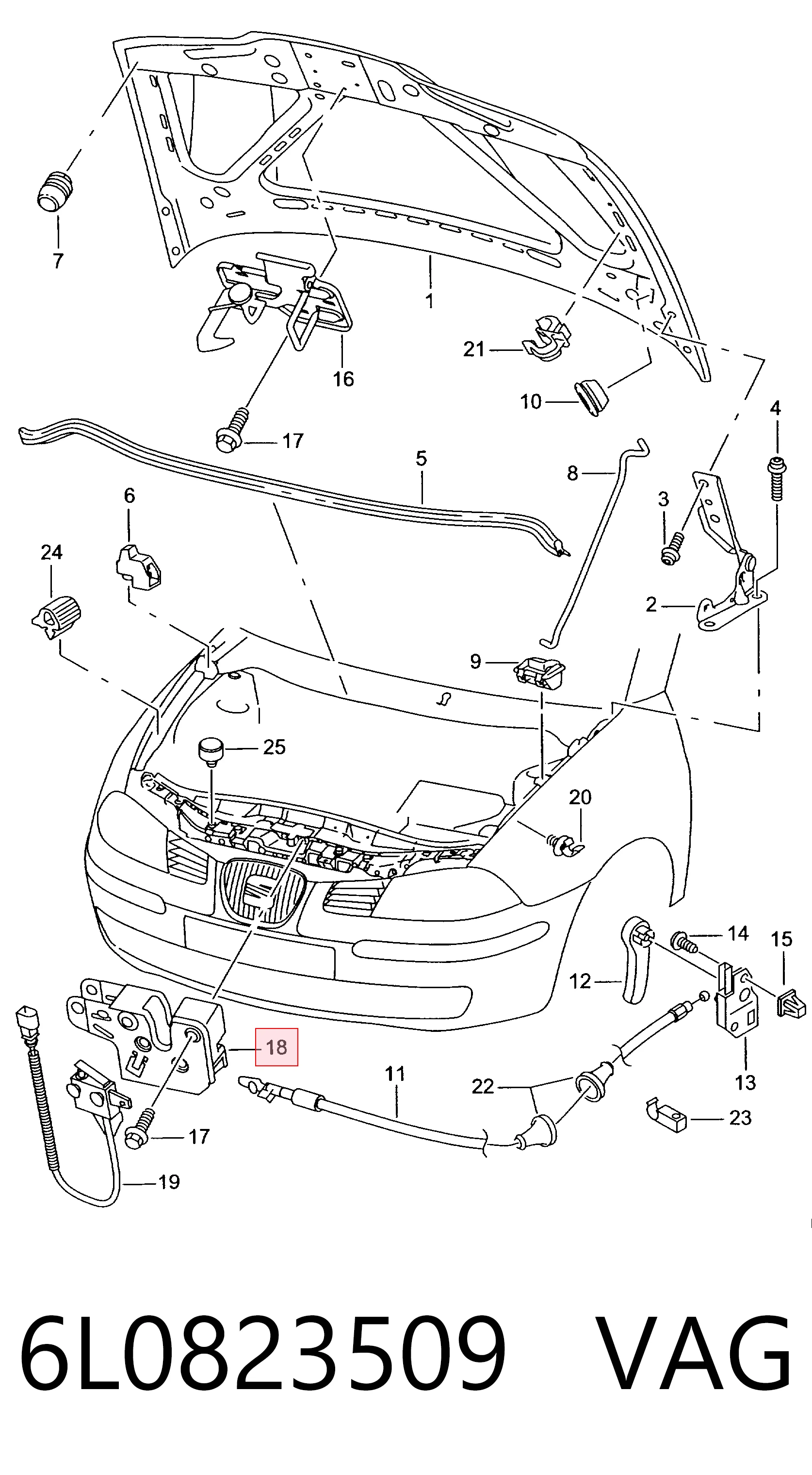Запор капота (замок і привід замка капота) на Seat Ibiza III 6L1