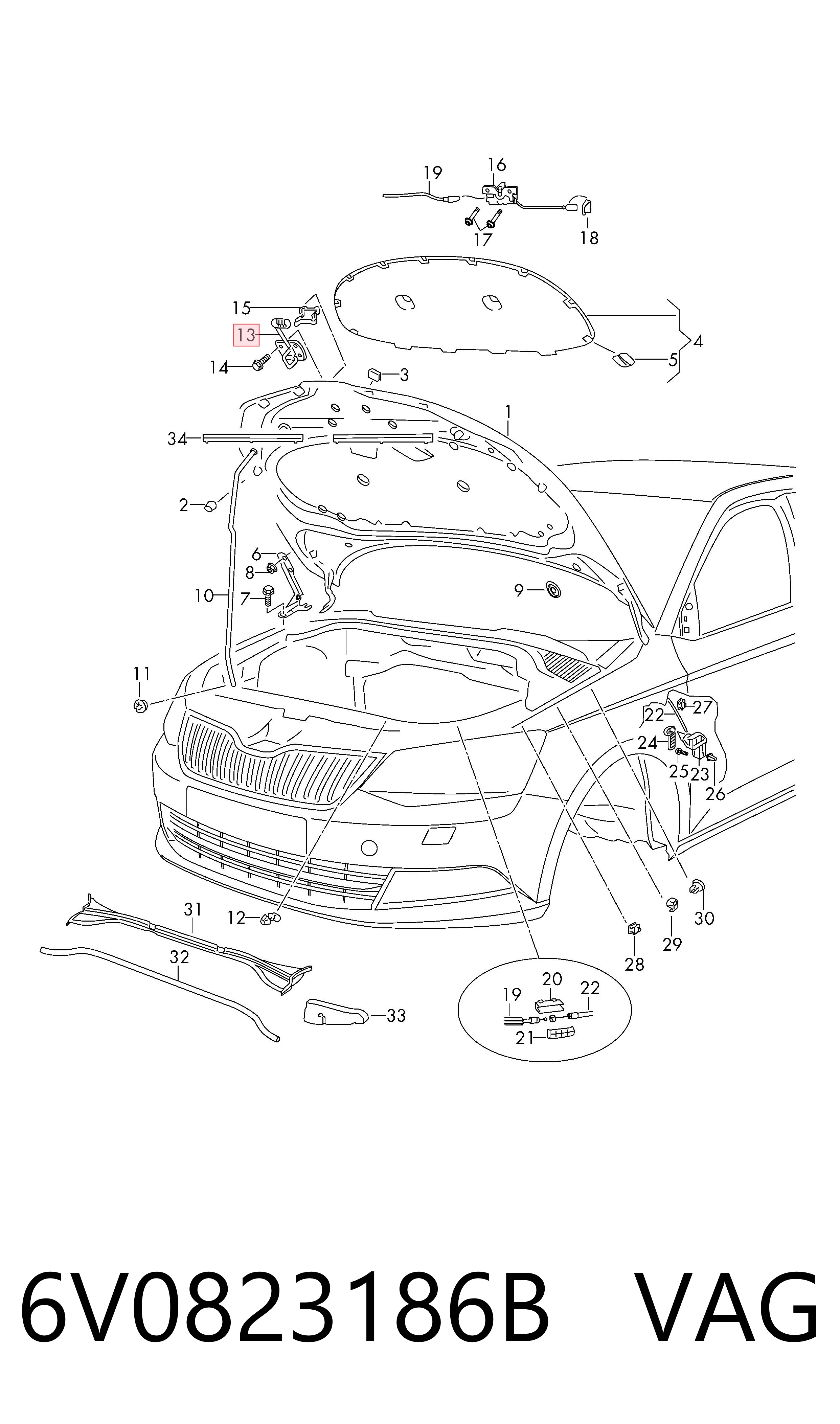6V0823186B VAG Стояк-гак замка капота