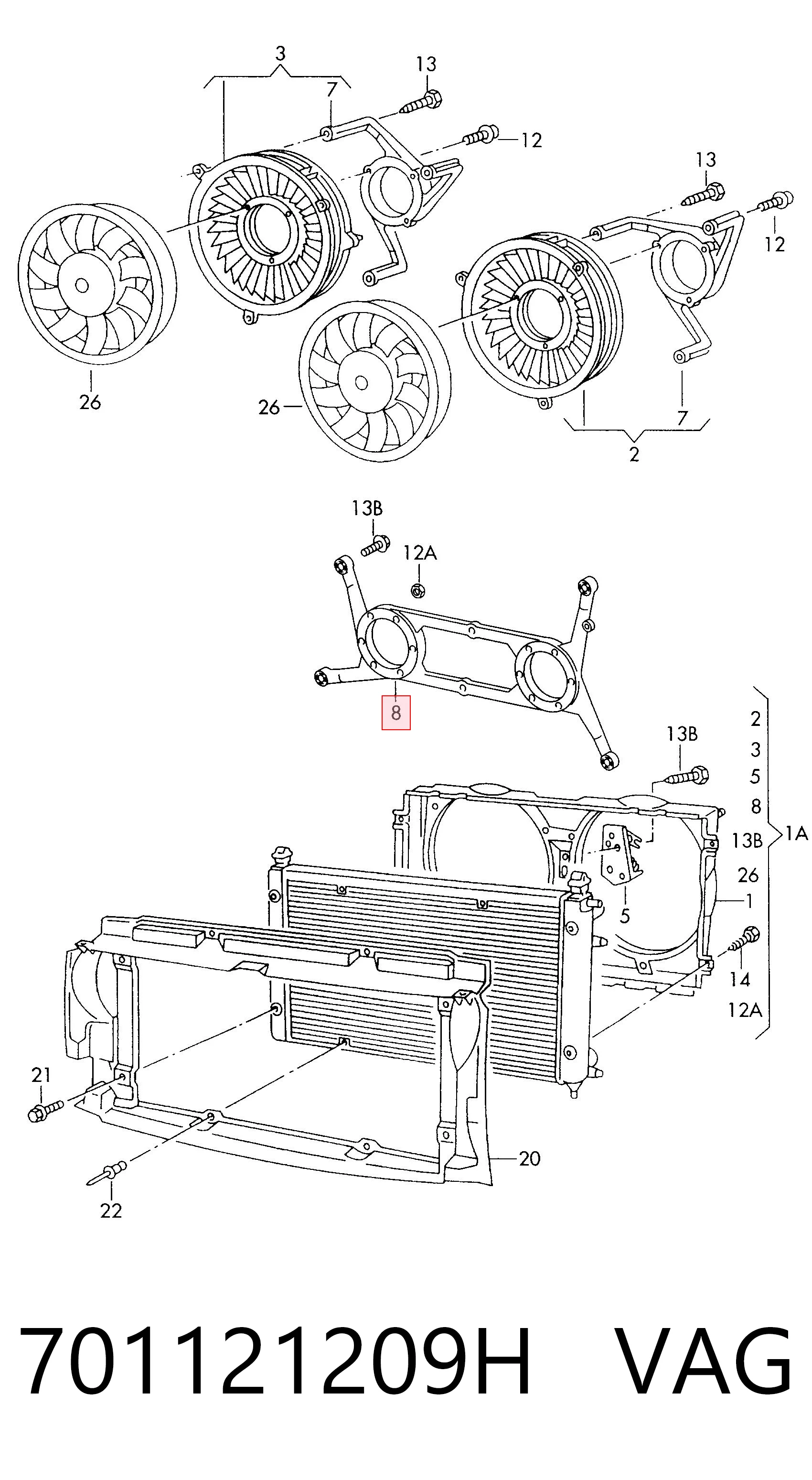 Купити Дифузор (кожух) радіатора охолодження Volkswagen Transporter T4 70B, 70C, 7DB, 7DK, 70J, 70K, 7DC, 7DJ
