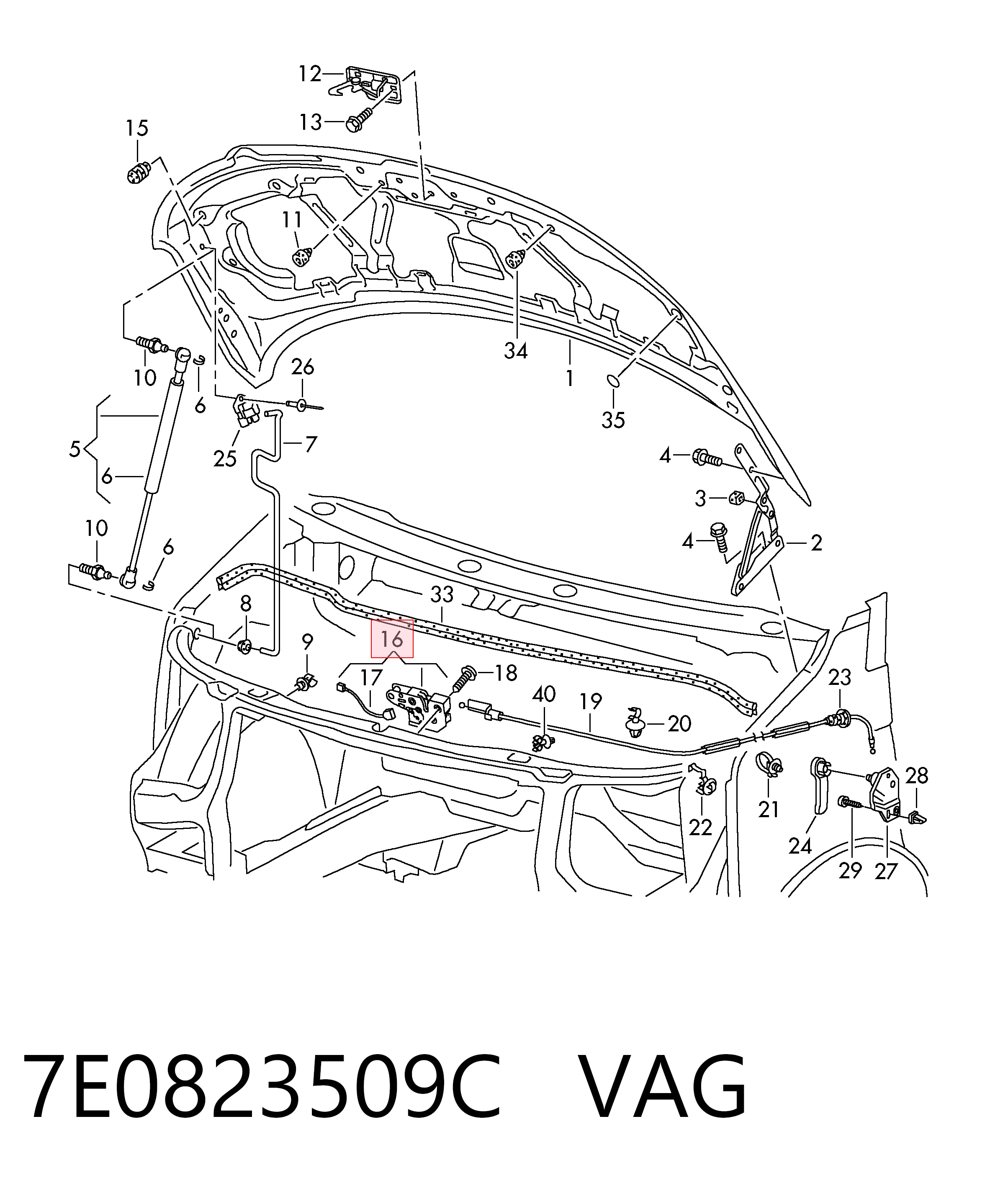 Запор капота (замок і привід замка капота) на Volkswagen Transporter T5 7HA, 7HH, 7EA, 7EH