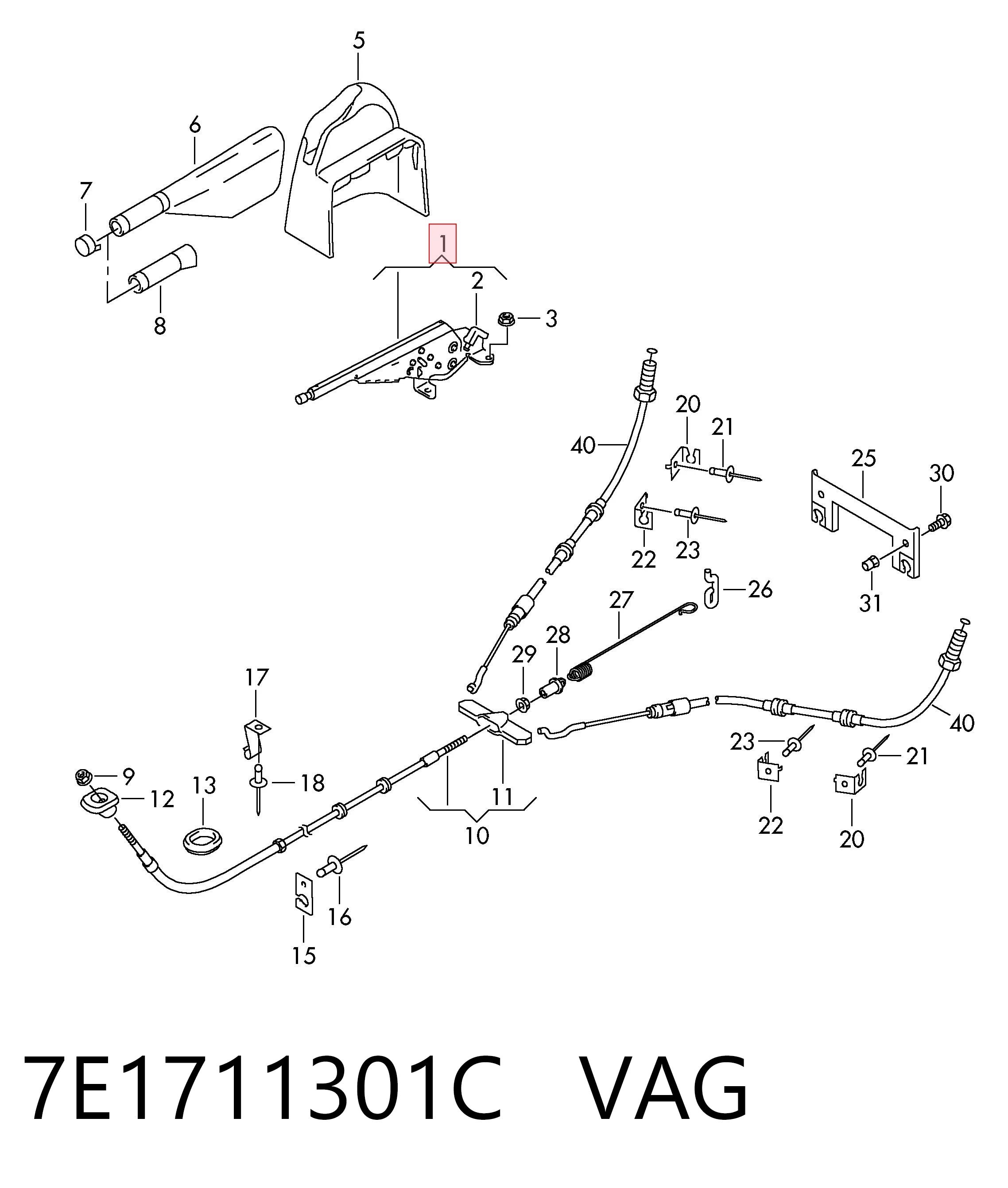 7E1711301C VAG Привід гальма стоянки (управління ручним гальмом)