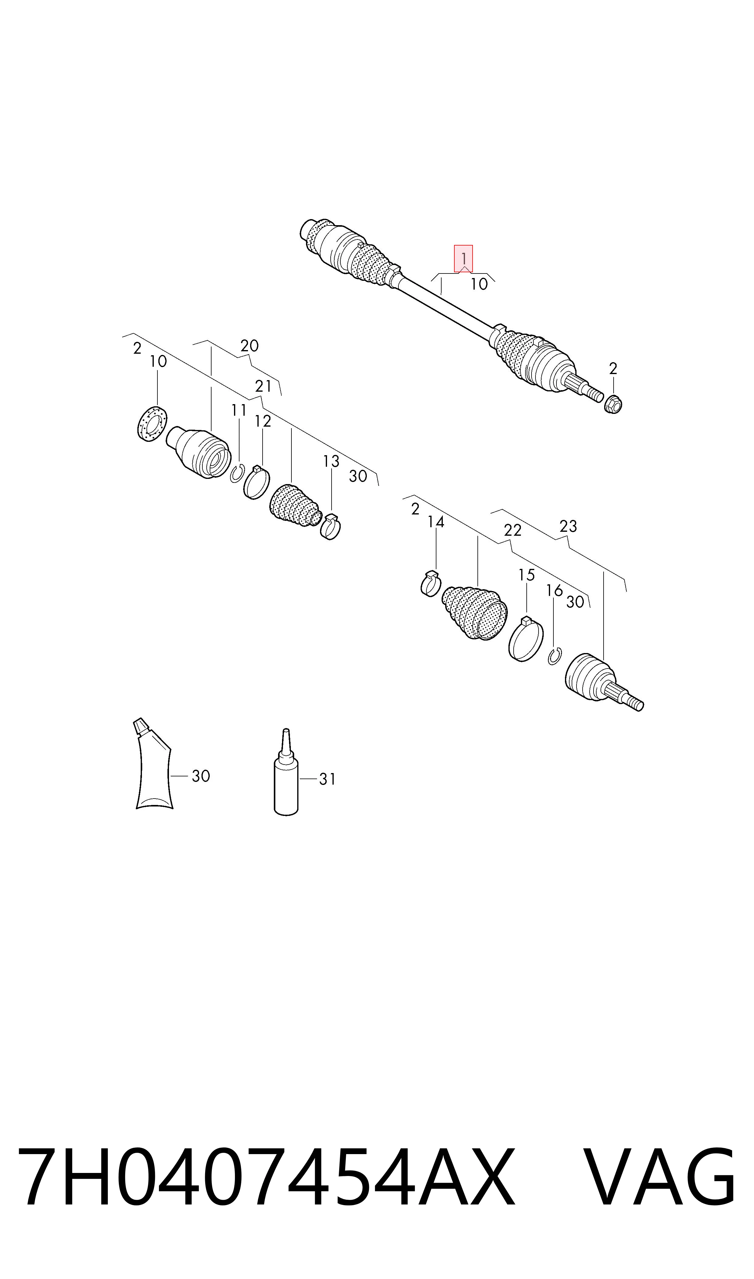 Піввісь передня, права VAG 7H0407454AX ціна, від 109.92 USD
