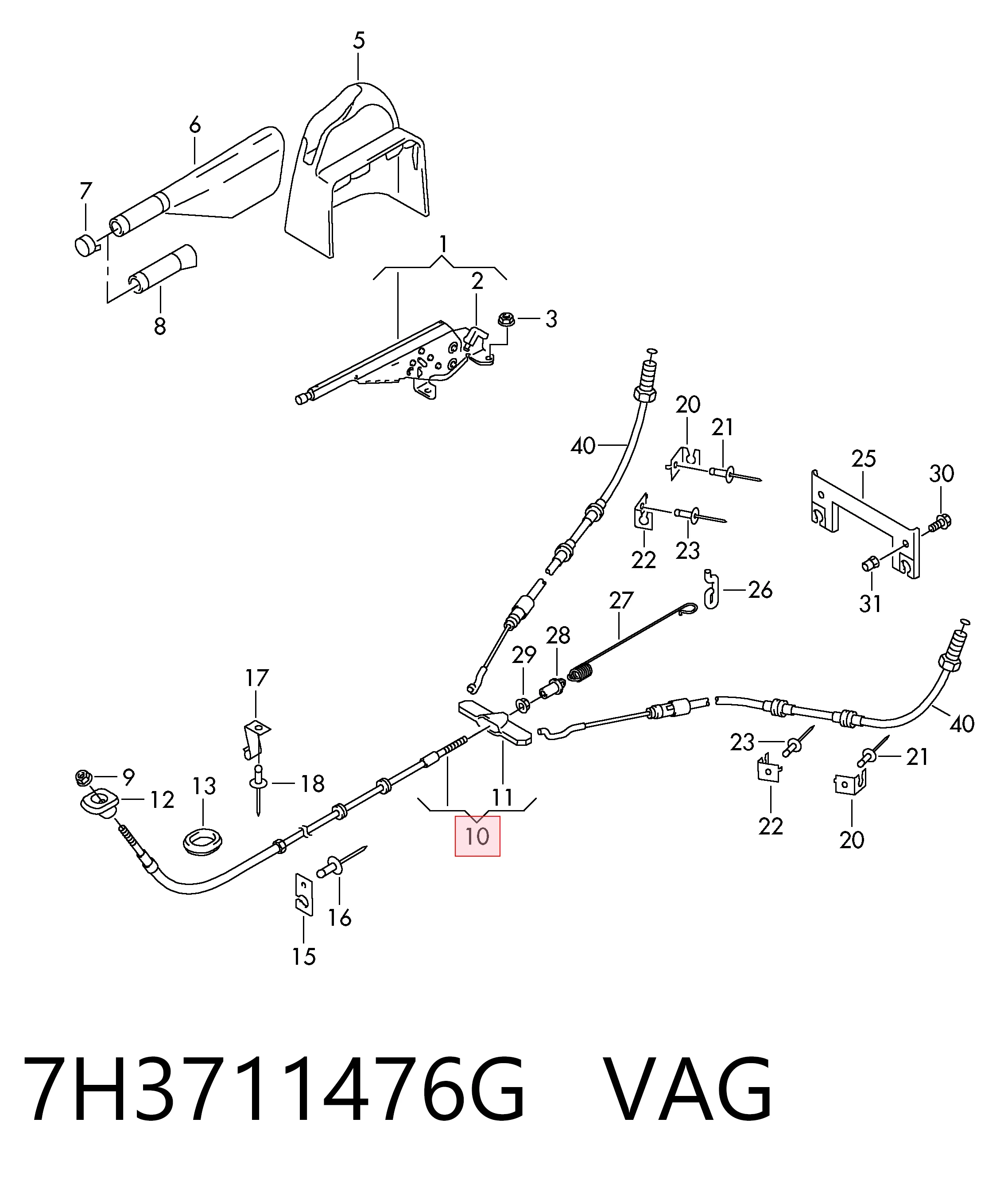 7H3711476G VAG Трос ручного гальма передній