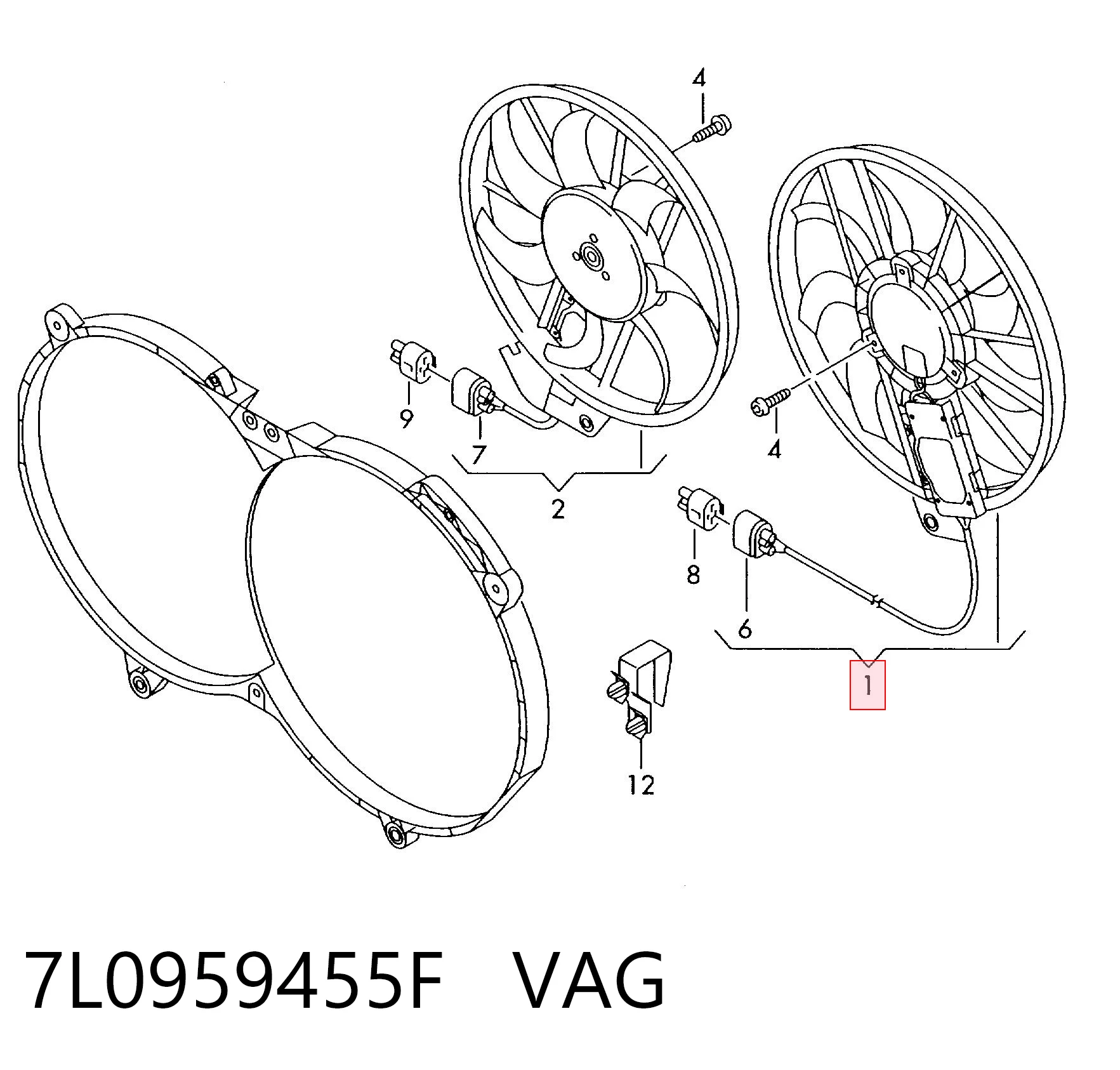 7L0959455F VAG Електровентилятор охолодження в зборі (двигун + крильчатка), лівий