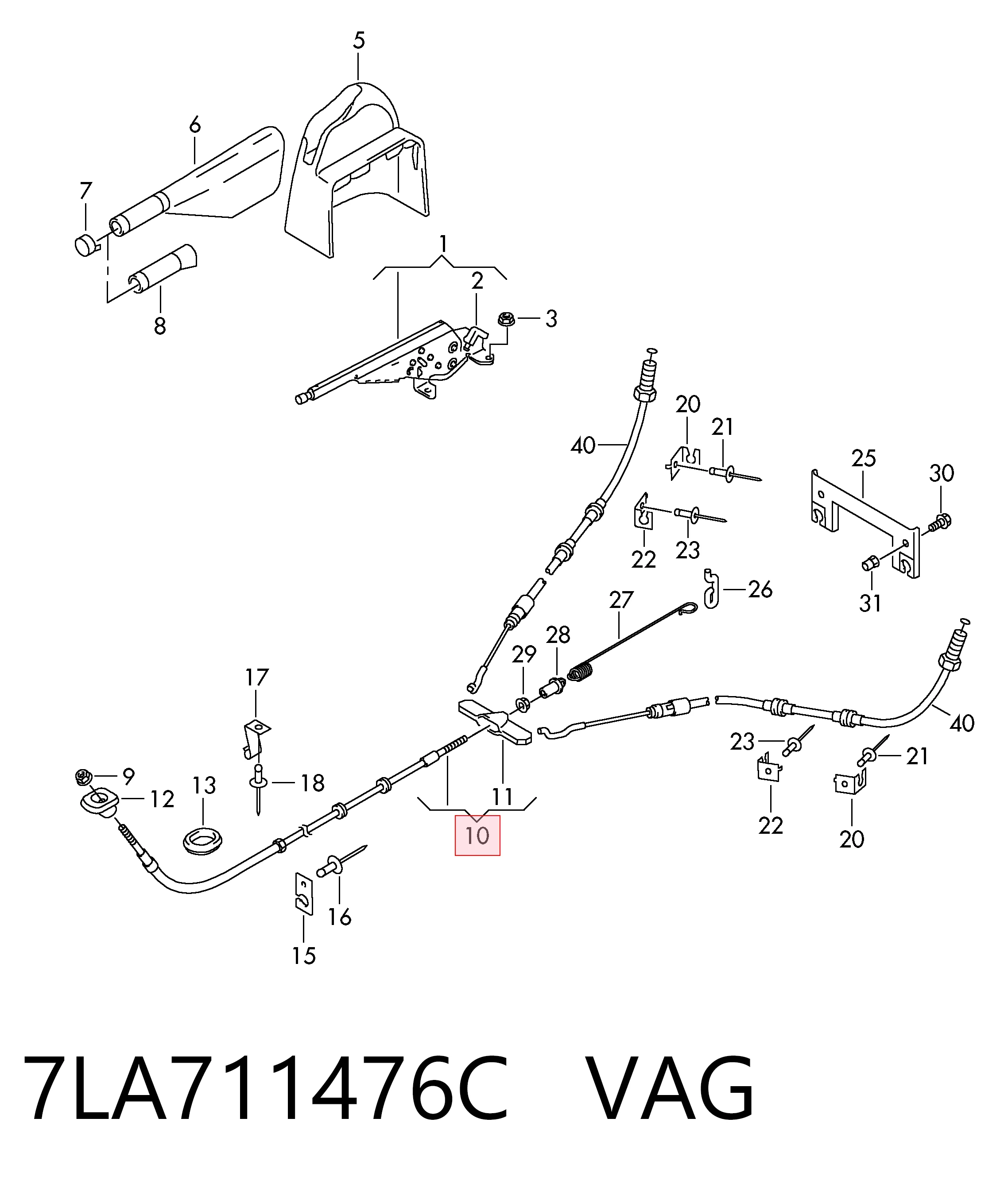 7LA711476C VAG Трос ручного гальма передній