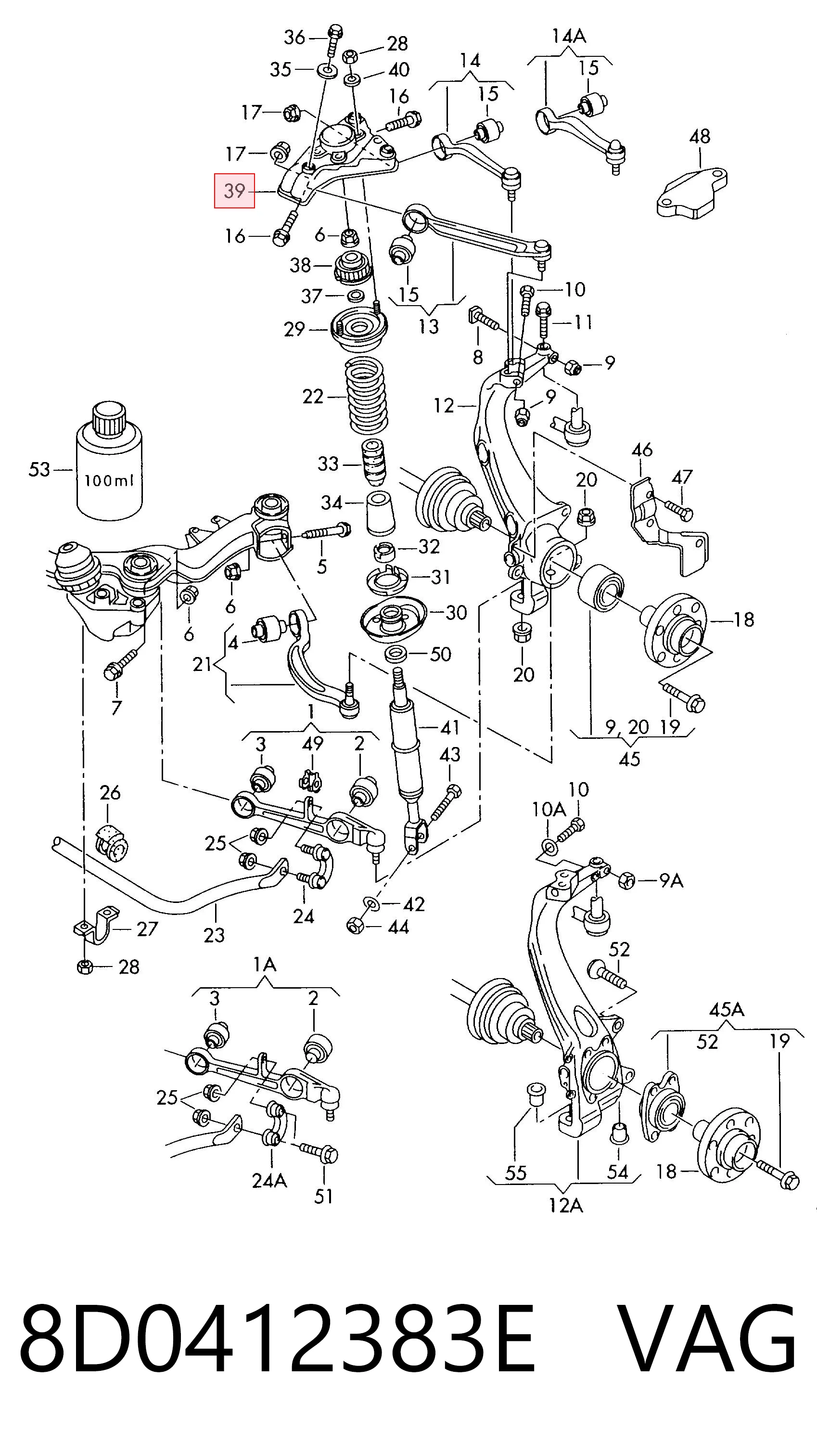 8D0412383E VAG Верхній кронштейн опори амортизатора передньої