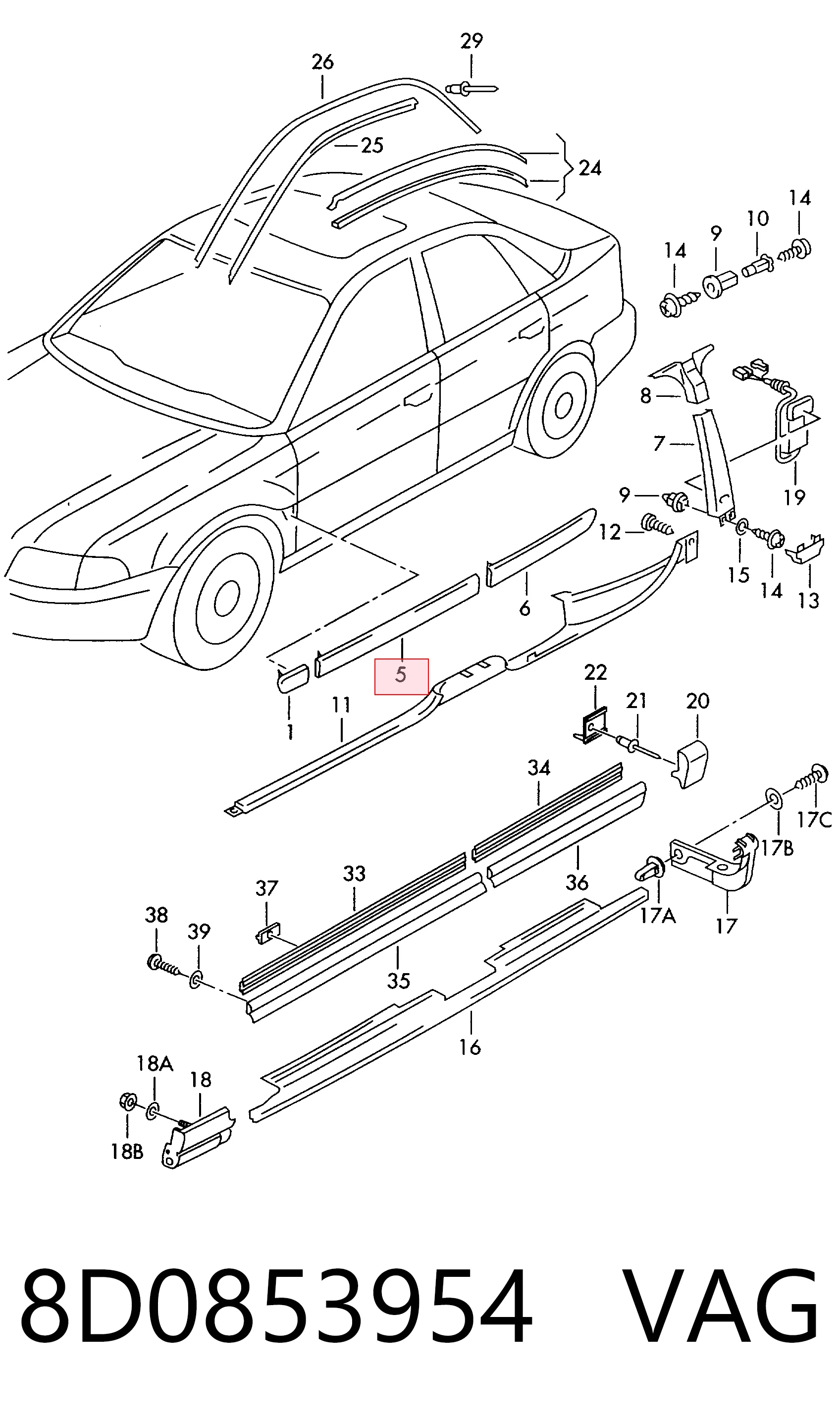 8D0853954 VAG Молдинг передніх правих дверей