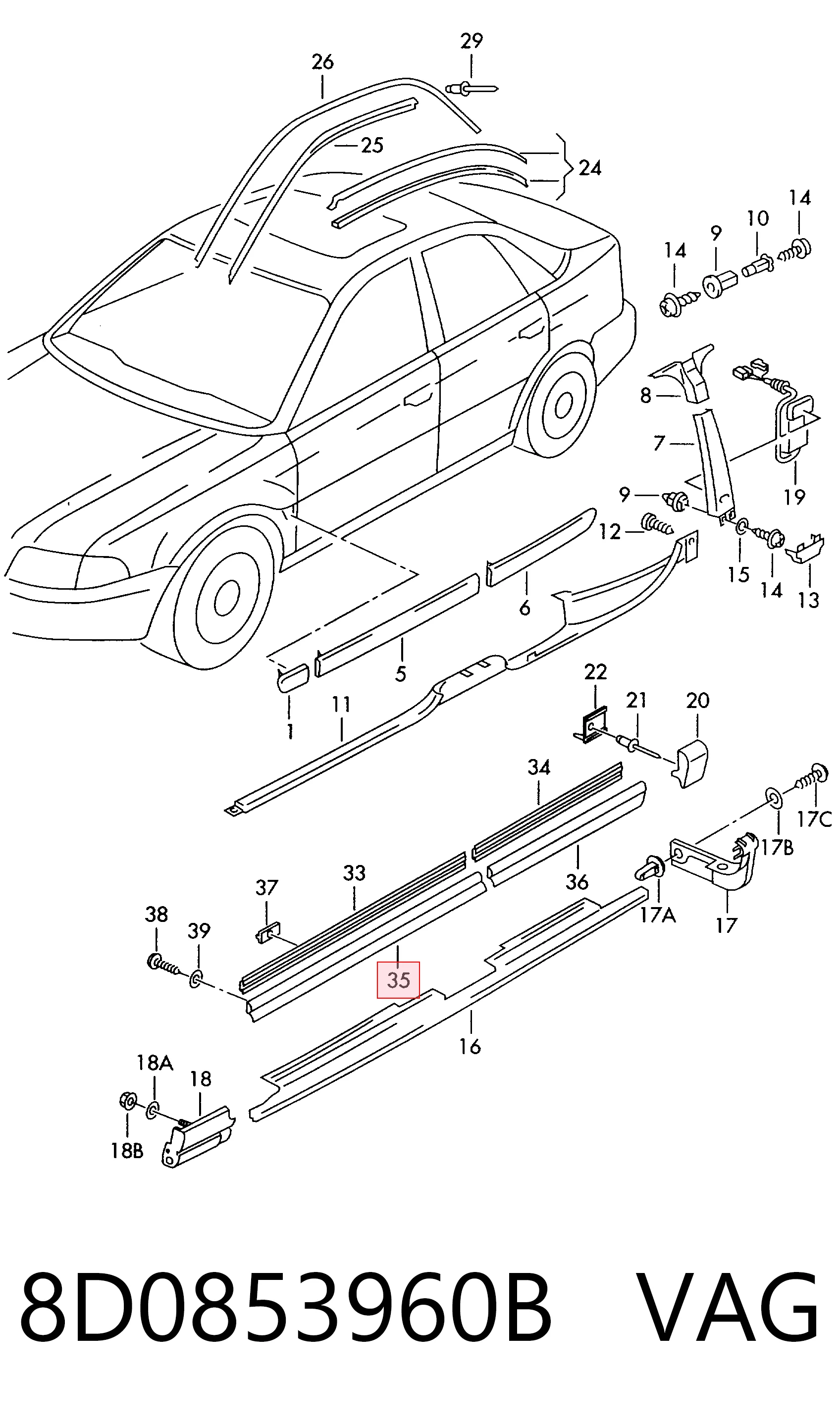 8D0853960B VAG Молдинг передніх правих дверей, нижній