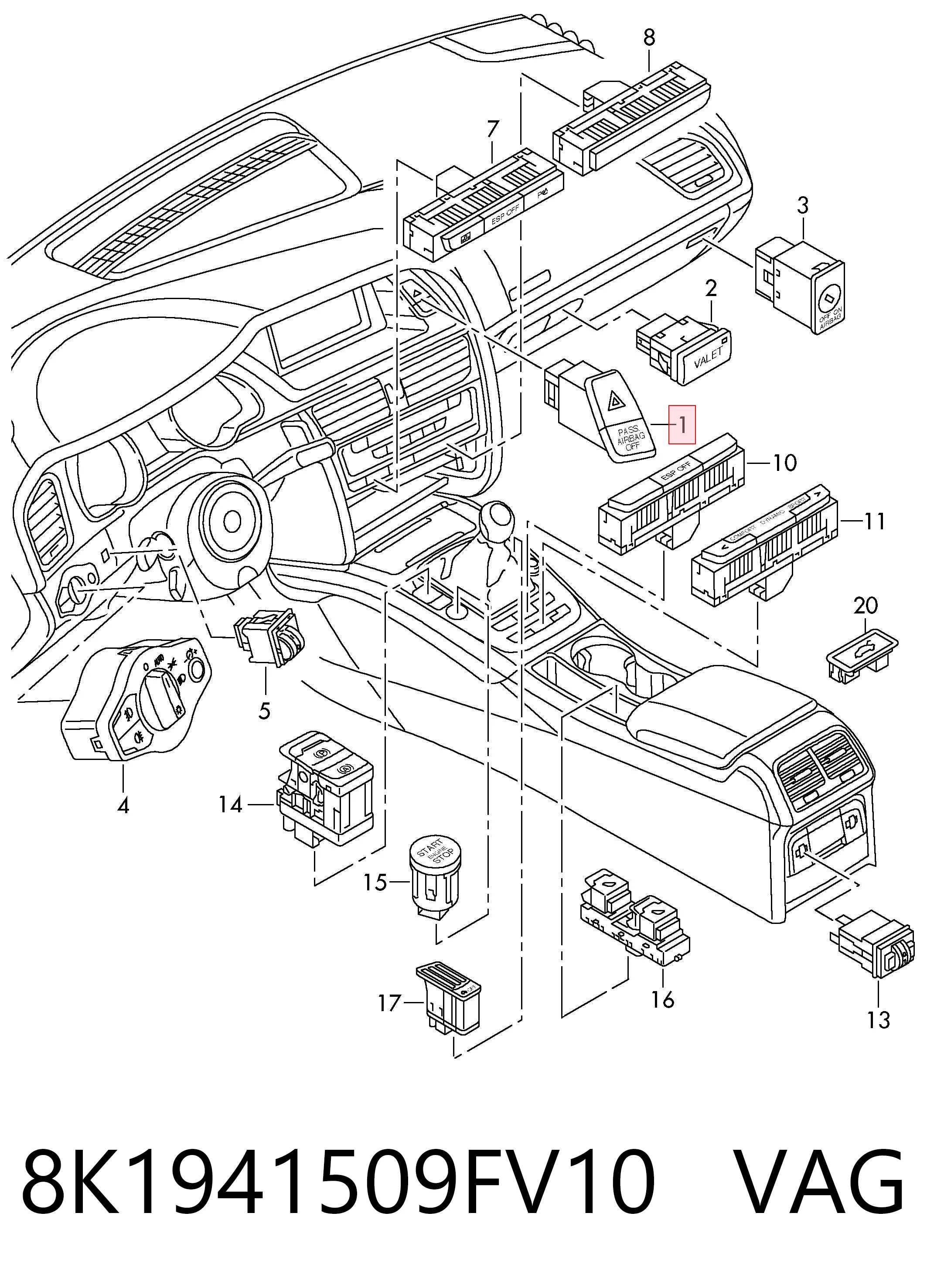 8K1941509FV10 VAG Аварійна кнопка