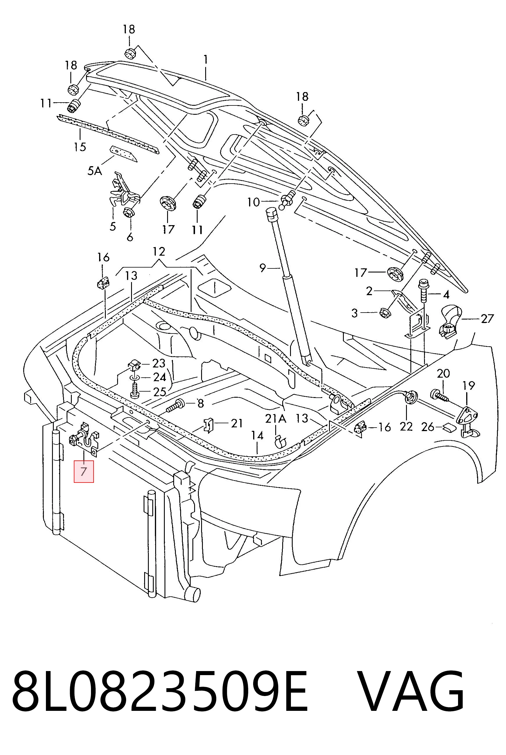 Запор капота (замок і привід замка капота) на Audi A6 C5 4B2, 4B4