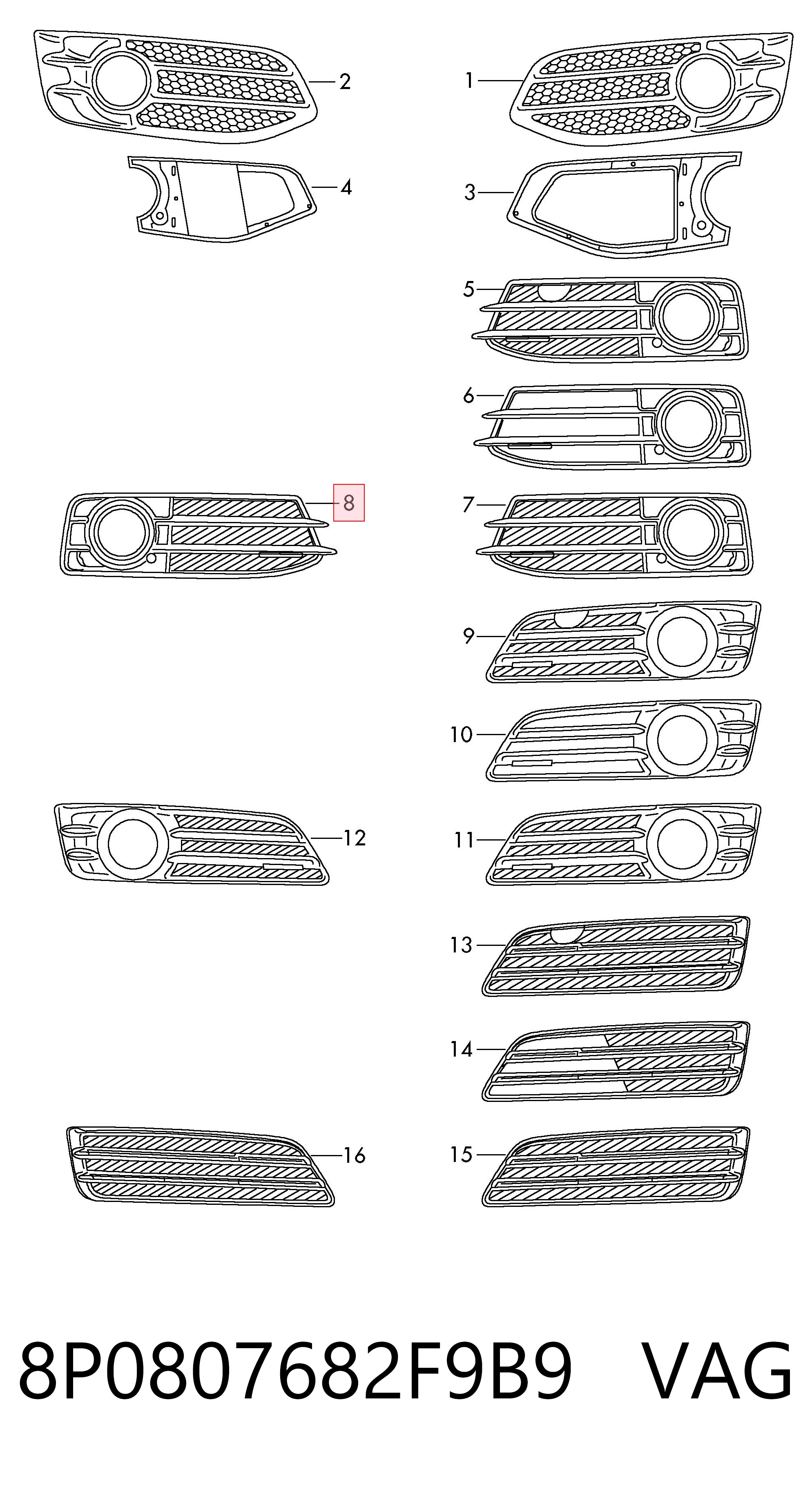 8P0807682F9B9 VAG Решітка переднього бампера, права